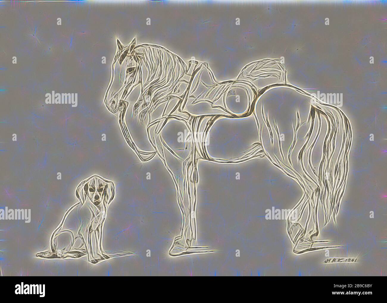 Cheval saddled et chien, Etude d'un cheval saddled avec une bride et un chien assis, chevaux et animaux de compagnie, chien, Hendrik Abraham Klinkhamer (mentionné sur l'objet), Amsterdam, 1841, papier, gravure, h 143 mm × W 199 mm, repensé par Gibon, conception d'un brillant chaleureux et joyeux de la luminosité et des rayons de lumière radiance. L'art classique réinventé avec une touche moderne. La photographie inspirée du futurisme, qui embrasse l'énergie dynamique de la technologie moderne, du mouvement, de la vitesse et révolutionne la culture. Banque D'Images