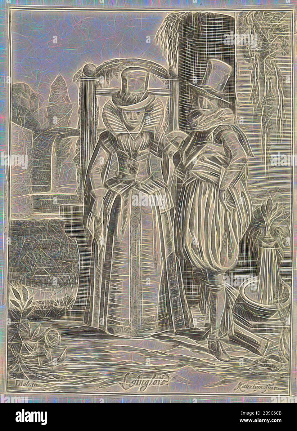 Couple élégant en anglais de l'habillement L'Anglois (titre sur l'objet)  des costumes en Europe (titre de la série), en face d'un axe, une colonne  et une fontaine est un élégant couple en