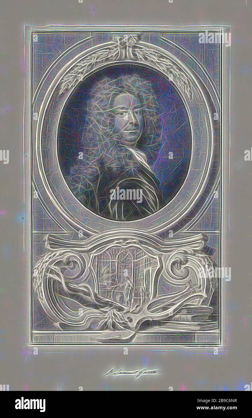 Portrait de Samuel Garth, Portrait du médecin et poète anglais Samuel  Garth. En dessous du portrait une image dans laquelle Garth est au travail,  entouré par le personnel serti-enveloppé d'Asclepius comme symbole