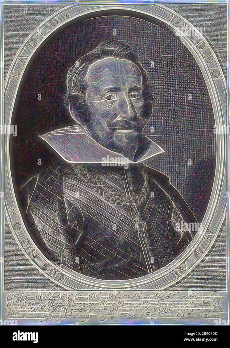 Portrait de Wolfgang Willem du Palatinat Neuburg, buste avec chaîne de l'ordre de Knyleg du polaire d'or dans un cadre ovale avec une devise latine. En marge inférieure inscription latine en quatre lignes, Willem Jacobz. Delff (mentionné sur l'objet), Delft, 1630, papier, gravure, h 419 mm × W 297 mm, réinventé par Gibon, conception de brillant gai chaud de luminosité et de rayons de lumière radiance. L'art classique réinventé avec une touche moderne. La photographie inspirée du futurisme, qui embrasse l'énergie dynamique de la technologie moderne, du mouvement, de la vitesse et révolutionne la culture. Banque D'Images