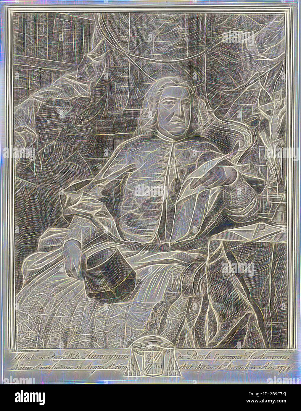 Portrait de Hieronymus de Bock, Portrait de pseudo-évêque d'Utrecht Hieronymus de Bock, barechaped. Genou, assis dans une chaise tournée vers la droite. Dans sa main droite, le clergyman tient sa biretta et dans sa main gauche une lettre manuscrite à l'encre brune sur elle: Apple. Sous le portrait se trouvent en latin son nom, titre, date de naissance et de mort et le manteau des bras de la personne dépeinte., Hieronymus de Bock, Jacob Folkema (mentionné sur l'objet), 1735 - 1767, papier, gravure, h 260 mm × W 201 mm, repensé par Gibon, conception d'un brillant chaleureux et joyeux de la luminosité et des rayons de lumière radiance. Classique Banque D'Images