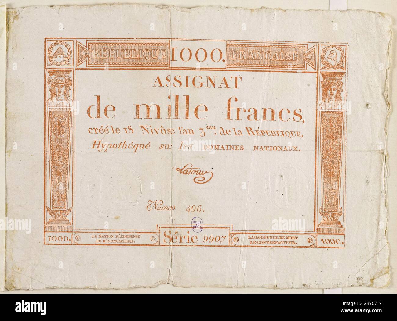 Assigne 1000 francs 9907 série - No 496, 18 Nivose année 3 Caisse de l'Extraordinaire. Assilat de 1000 francs, série 9907 - n° 496, 18 nivôse an 3. Typographie rouge, encre. Paris, musée Carnavalet. Banque D'Images