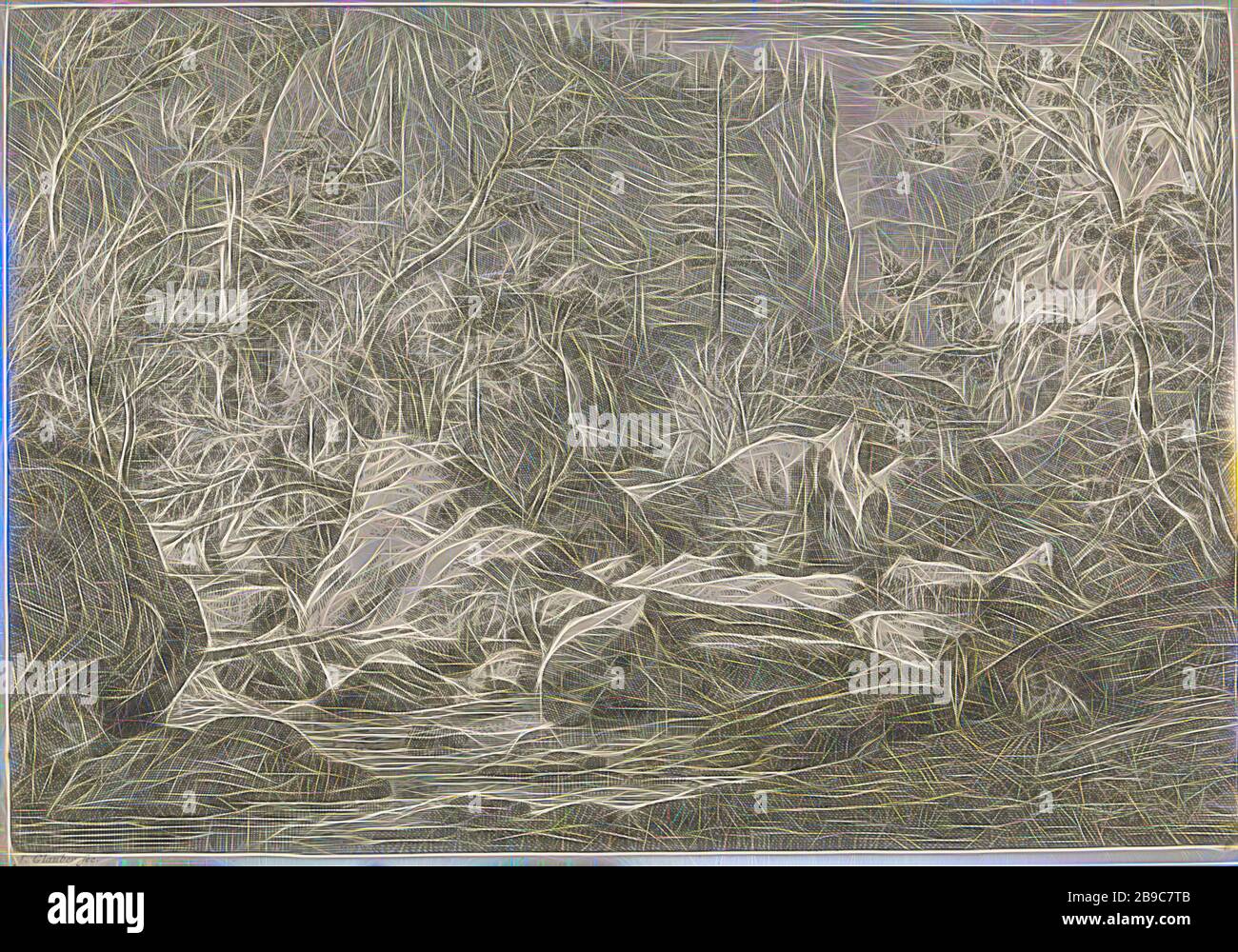 Ravine avec rochers et arbres paysages dans les Chartreuse montagnes (titre de la série), vue d'un ravin. Au premier plan une rivière avec quelques chiffres assis sur les rives. L'imprimé fait partie d'une série de paysages de montagne dans les montagnes Chartreuse., Ravine, gouffre, abîme, canyon (paysage avec figures, étalage), formations rocheuses, Massif de la Chartreuse, Johannes Glauber (mentionné sur l'objet), 1656 - 1726, papier, gravure, h 230 mm × 330 mm, repensé par Gibon, conception d'un brillant chaleureux et joyeux de la luminosité et des rayons de lumière radiance. L'art classique réinventé avec une touche moderne. Photographie Banque D'Images