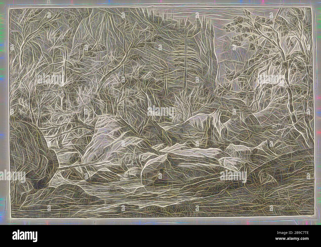 Canyon avec rochers et arbres paysages dans les Chartreuse montagnes (titre de la série), vue sur un canyon. Au premier plan une rivière avec quelques chiffres assis sur les rives. L'imprimé fait partie d'une série de paysages de montagne dans les montagnes Chartreuse .., ravin, gouffre, abysses, canyon (paysage avec figures, étalage), formations rocheuses, Massif de la Chartreuse, Johannes Glauber, inconnu, 1656 - 1726, papier, gravure, h 234 mm × W 334 mm, repensé par Gibon, conception d'un brillant chaleureux et joyeux de la luminosité et des rayons de lumière radiance. L'art classique réinventé avec une touche moderne. La photographie inspirée par Banque D'Images