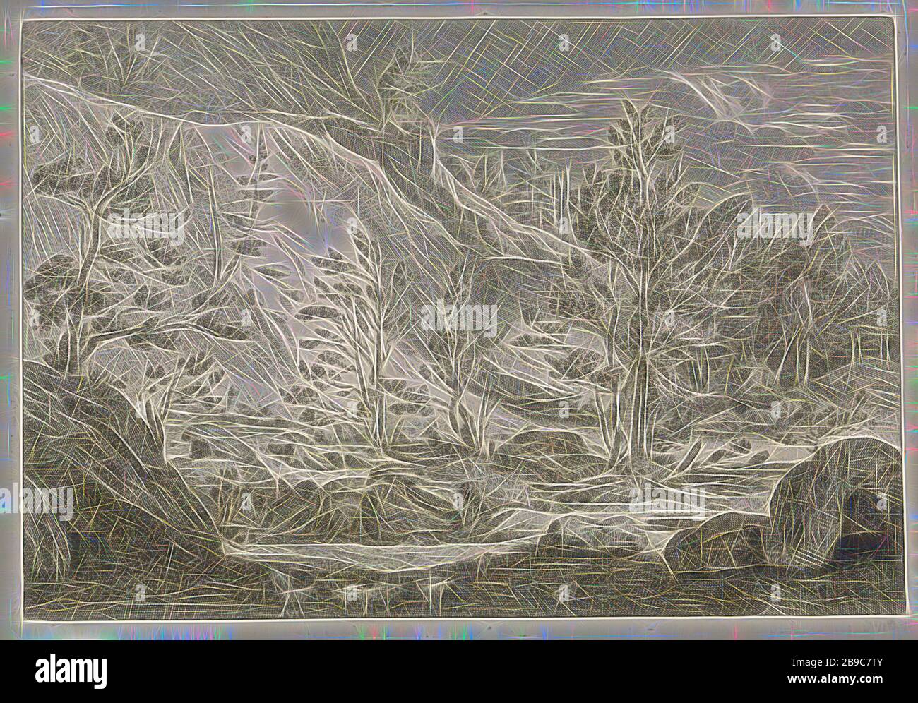Ravine avec un troupeau de paysages de moutons dans les montagnes Chartreuse (titre de la série), vue d'un ravin. Au premier plan, un troupeau de moutons. L'imprimé fait partie d'une série de paysages de montagne dans les montagnes Chartreuse, ravin, gouffre, abîme, canyon (paysage avec figures, étalage), formations rocheuses, moutons, Massif de la Chartreuse, Johannes Glauber, inconnu, 1656 - 1726, papier, gravure, h 234 mm × W 335 mm, repensé par Gibon, conception d'un brillant chaleureux et joyeux de la luminosité et des rayons de lumière radiance. L'art classique réinventé avec une touche moderne. La photographie inspirée du futurisme, embrassant la dynamique e Banque D'Images