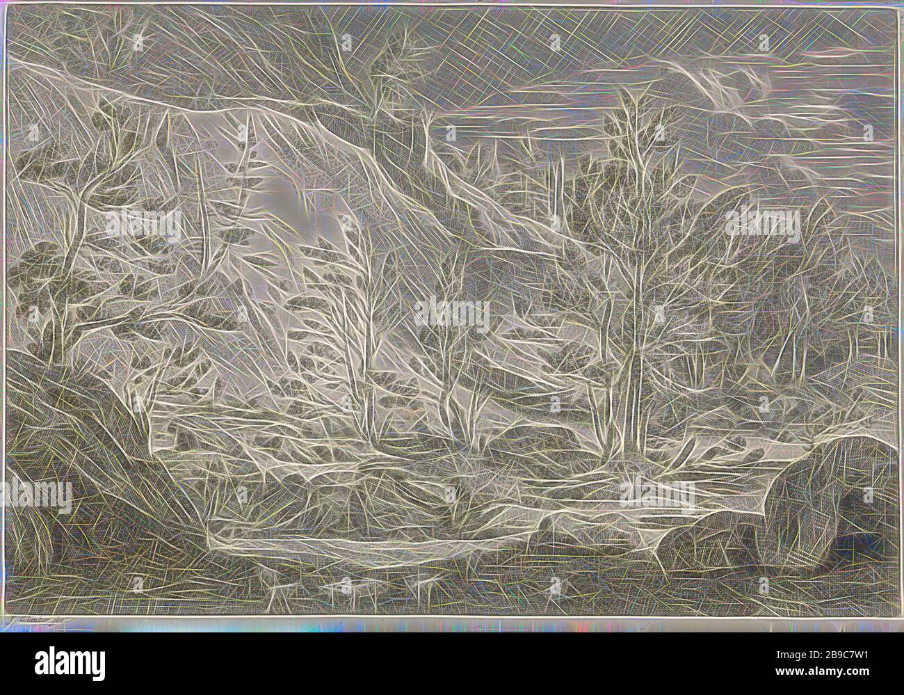 Ravine avec un troupeau de paysages de moutons dans les montagnes Chartreuse (titre de la série), vue d'un ravin. Au premier plan, un troupeau de moutons. L'imprimé fait partie d'une série de paysages de montagne dans les montagnes Chartreuse., Ravine, gouffre, abîme, canyon (paysage avec figures, étalage), formations rocheuses, moutons, Massif de la Chartreuse, Johannes Glauber (mentionné sur l'objet), inconnu, 1656 - 1726, papier, gravure, 230 mm × l 329 mm, repensé par Gibon, conception d'un brillant chaleureux et joyeux de la luminosité et des rayons de lumière radiance. L'art classique réinventé avec une touche moderne. Photographie inspirée de futuri Banque D'Images