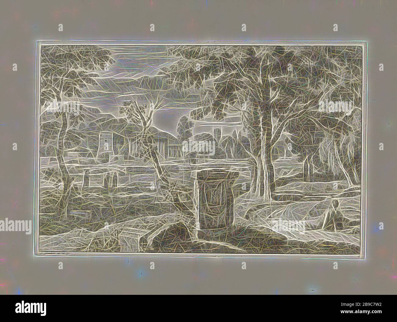 Paysage Arcadien avec des ruines paysages Arcadiens (titre de la série), un paysage Arcadien avec des ruines. Au centre des ruines d'un piédestal classique. Une femme se repose sur le côté de la route à côté du piédestal. En arrière-plan une villa et un étang. L'imprimé fait partie d'une série avec des paysages arcadiens., Johannes Glauber (mentionné sur l'objet), inconnu, 1656 - 1726, papier, gravure, avec 365 mm × h 237 mm, repensé par Gibon, design de glanissement chaleureux et gai de la luminosité et des rayons de lumière radiance. L'art classique réinventé avec une touche moderne. La photographie inspirée du futurisme, embrassant l'énergie dynamique de Banque D'Images