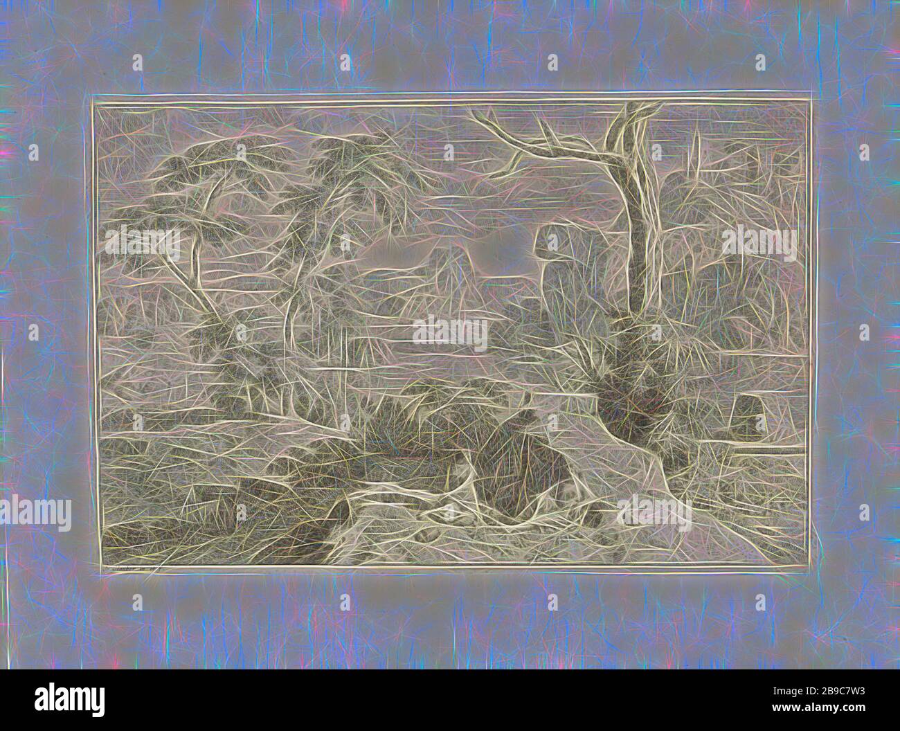 Paysage Arcadien avec deux femmes paysages Arcadiens (titre de la série), un paysage Arcadien avec une rivière. Le long des ruines de la rive. Au premier plan, deux femmes en vêtements romains. En arrière-plan une ville. L'imprimé fait partie d'une série avec des paysages Arcadiens, rivière, pasteurs, scènes Arcadiennes, paysage avec ruines (paysage urbain avec figures, étalage), Johannes Glauber (mentionné sur l'objet), inconnu, 1656 - 1726, papier, gravure, W 363 mm × h 240 mm, repensé par Gibon, conception d'un brillant chaleureux et joyeux de la luminosité et des rayons de lumière radiance. L'art classique réinventé avec une touche moderne. insp. Photographie Banque D'Images