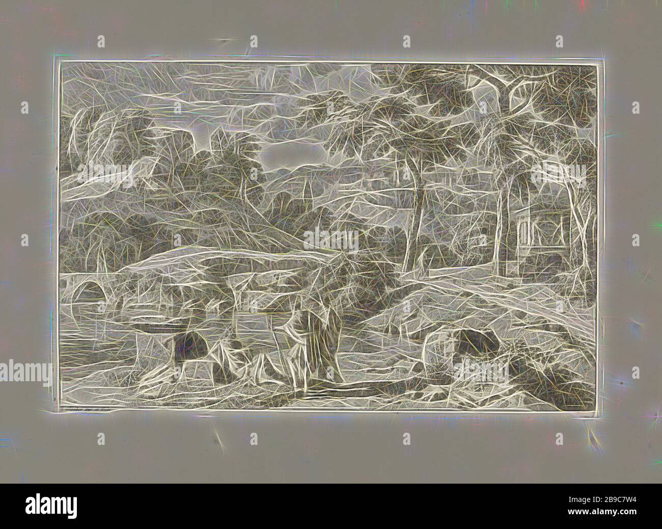 Paysage Arcadien avec des ruines paysages Arcadiens (titre de la série), un paysage arcadien avec des ruines. A gauche une rivière. Trois marcheurs reposent sur les rives de la rivière. En arrière-plan une ville. L'imprimé fait partie d'une série avec des paysages Arcadiens, pasteurs, scènes Arcadiennes, paysage avec ruines (paysage urbain avec figures, étalage), vue sur la ville, Et le paysage avec des constructions artificielles, rivière (paysage avec des figures, Johannes Glauber (mentionné sur l'objet), inconnu, 1656 - 1726, papier, gravure, avec 365 mm × h 238 mm, repensé par Gibon, design de glanissement chaud et gai de la luminosité et des rayons de lumière Banque D'Images