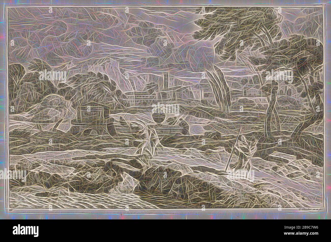 Paysage Arcadien avec des marcheurs dans une tempête paysages Arcadiens (titre de la série), paysage Arcadien avec une route à côté d'un lac. Quelques marcheurs sur la route. Ça fait des orges. En arrière-plan un village. L'imprimé fait partie d'une série avec des paysages Arcadiens, tempête, route publique (paysage urbain avec figures, étaffage), paysage avec ruines (paysage urbain avec figures, pasteurs, scènes Arcadiennes, Johannes Glauber (mentionné sur l'objet), inconnu, 1656 - 1726, papier, gravure, W 367 mm × h 240 mm, réimaginé par Gibon, conception d'un brillant chaleureux et joyeux de la luminosité et des rayons de lumière radiance. L'art classique réinventé avec Banque D'Images