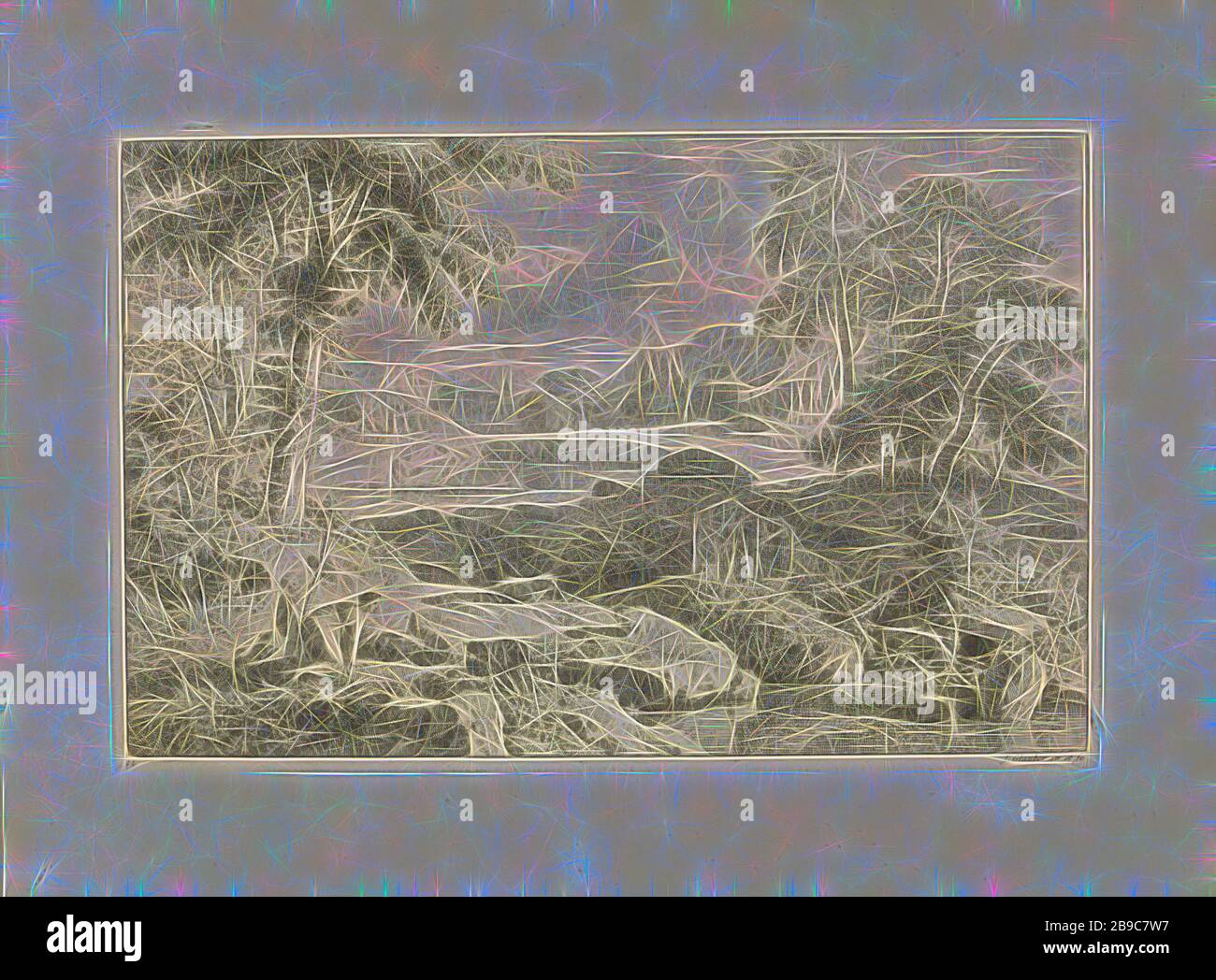 Paysage Arcadien avec un paysage berphénéen Arcadien (titre de la série), paysage Arcadien avec un étang et des ruines. Au premier plan, une bergers et ses moutons. En arrière-plan une villa. L'imprimé fait partie d'une série de paysages Arcadiens, pasteurs, scènes Arcadiennes, paysage avec ruines, herding, herdsman, herdswoman, berger, bergers, lâches, troupeau, etc., villa, Johannes Glauber (mentionné sur l'objet), inconnu, 1656 - 1726, papier, gravure, W 367 mm × h 242 mm, repensé par Gibon, conception d'un brillant chaleureux et joyeux de la luminosité et des rayons de lumière radiance. L'art classique réinventé avec un tw moderne Banque D'Images