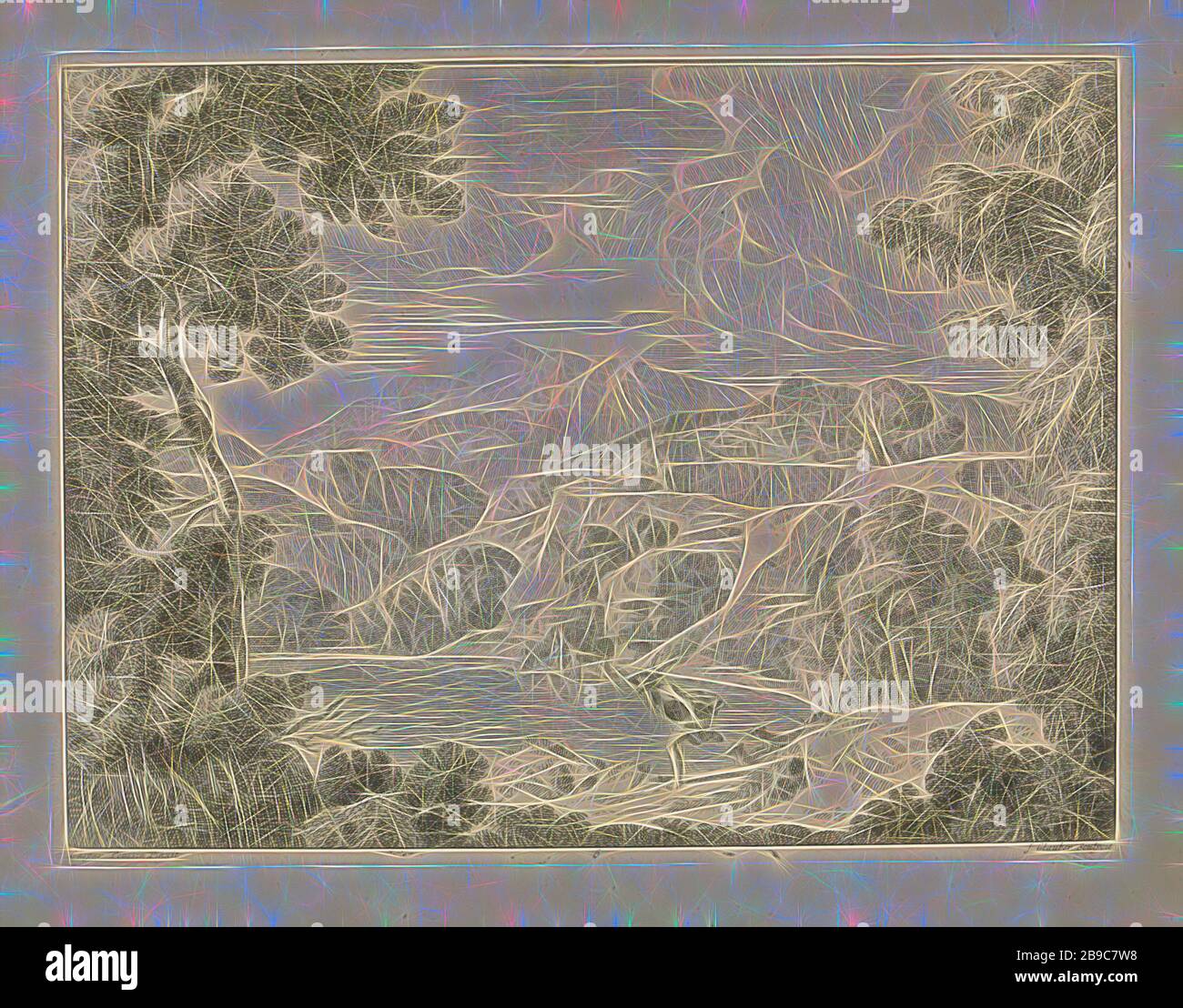Actéon est transformé en cerf par l'echelle de Diana. Paysages à Gaspar Poussin (titre de la série), un paysage vallonné. Dans l'avant-plan Actéon, poursuivi par ses propres chiens, se transforme en un cerf. Dans l'arrière-plan l'echelle de Diana et sa nymphe. L'impression est partie d'une série de paysages après peintures de Gaspar Poussin, Actéon changé en un cerf : comme punition pour avoir vu la baignade, Diana change Actéon, le chasseur, dans un cerf (Ovide, Métamorphoses III 193), (haute) hill - HH - paysages idéal, Diana bathing avec ses nymphes, Johannes Glauber (mentionné sur l'objet), inconnu, 1656 - 1726, le papier, etc. Banque D'Images
