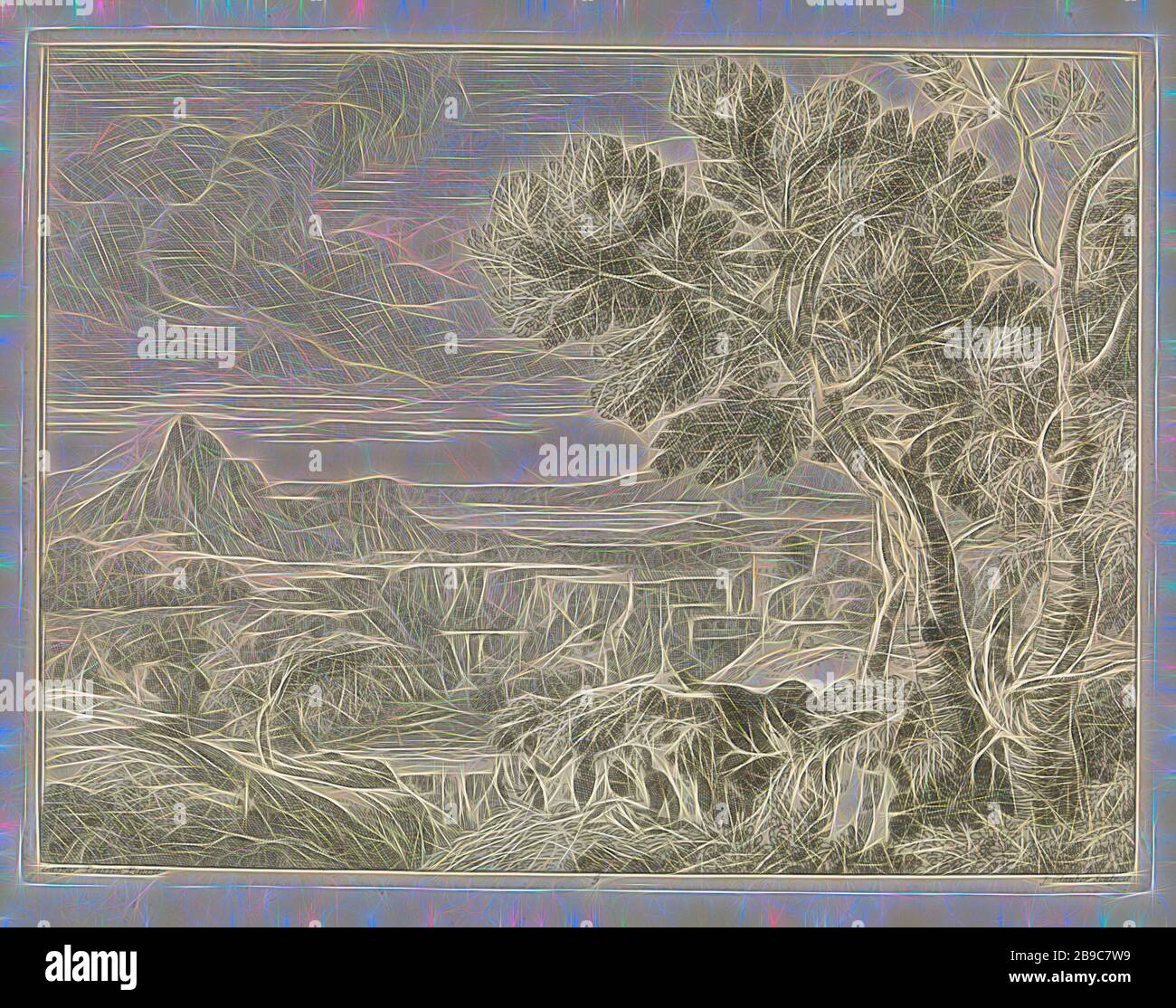 Paysage avec canyon et chute d'eau paysages à Gaspar Poussin (titre de la série), paysage vallonné avec un canyon et une chute d'eau. Sur la droite en arrière-plan un château. Deux randonneurs reposant au premier plan. L'imprimé fait partie d'une série de paysages après des peintures de Gaspar Poussin, (haute) colline, chute d'eau, ravin, gouffre, abysses, canyon (paysage avec figures, étalage), Johannes Glauber (mentionné sur l'objet), inconnu, 1656 - 1726, papier, gravure, h 294 mm × W 382 mm, reimaginé par Gibon, conception d'un brillant chaleureux et joyeux de la luminosité et des rayons de lumière radiance. L'art classique réinventé avec un moderne Banque D'Images