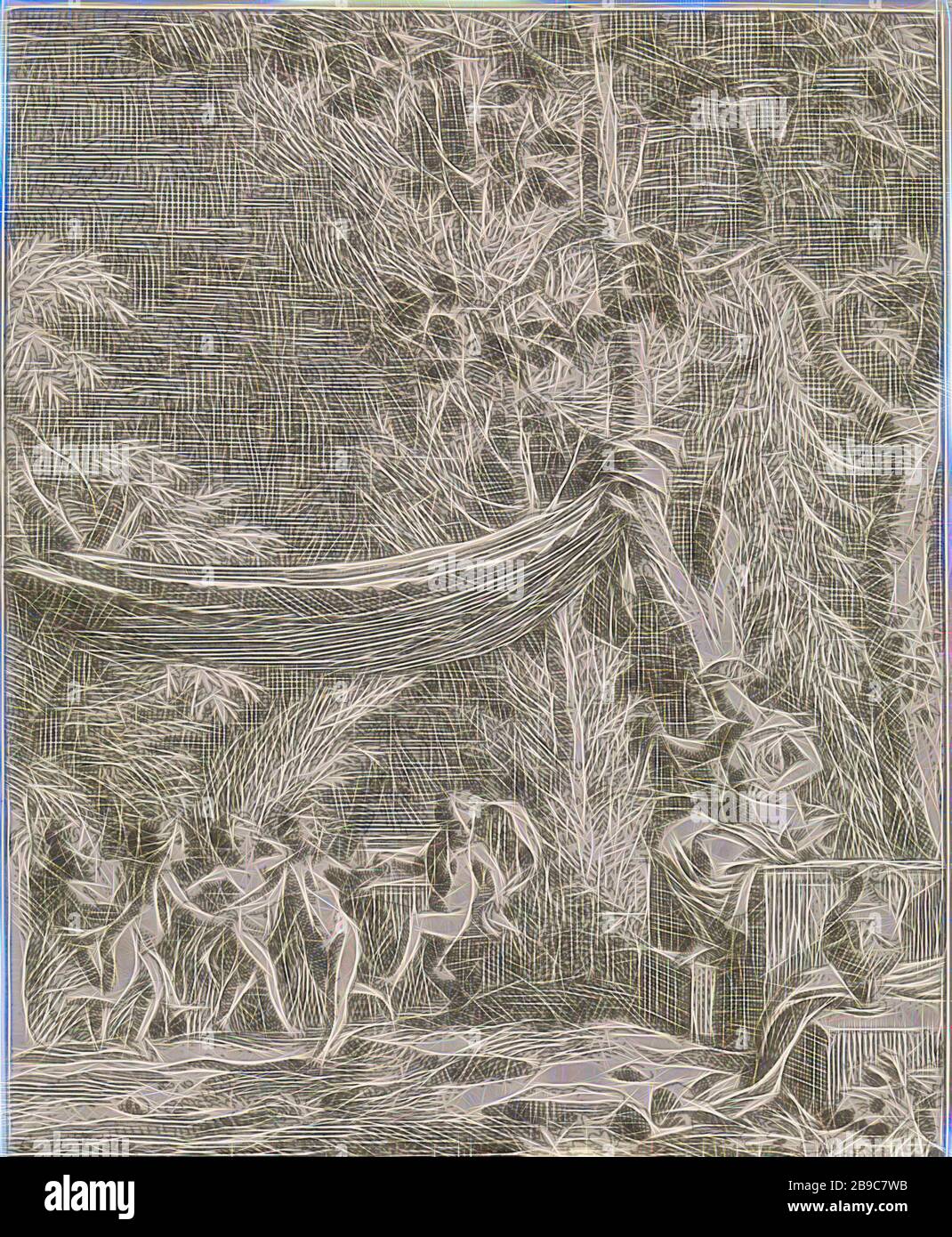 Cinq putti dansant sur la musique d'un triangle de représentations mythologiques et allégoriques (titre de la série), à droite une femme joue sur un triangle. Cinq putti dansent à la musique. L'imprimé fait partie d'une série de représentations mythologiques et allégoriques., autres instruments de percussion (avec LE NOM), cupids: 'amores', 'amoretti', 'putti', danse de groupe, Johannes Glauber (mentionné sur l'objet), inconnu, 1656 - 1726, papier, gravure, avec 140 mm × h 170 mm, repensé par Gibon, design de glanissement chaleureux de la luminosité et des rayons de lumière radiance. L'art classique réinventé avec une touche moderne. Photographie i Banque D'Images