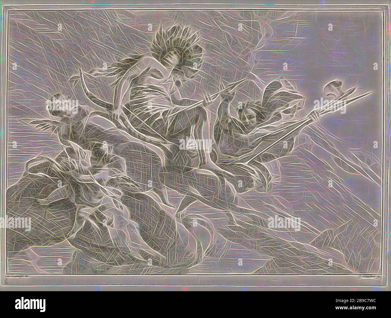 Diana avec un arc et une flèche sur un nuage représentations bibliques, mythologiques et allégoriques (titre de la série), Diana se trouve sur un nuage, un arc et une flèche dans sa main. Elle est entourée de deux putti et d'un homme avec une hache et une lance. L'imprimé fait partie d'une série avec des représentations bibliques, mythologiques et allégoriques., (histoire de) Diana (Artemis), cupids: 'amores', 'amoretti', 'putti', Johannes Glauber (mentionné sur l'objet), 1656 - 1726, papier, gravure, h 278 mm × W 382 mm, repensé par Gibon, design de glanissement chaleureux et gai de la luminosité et des rayons de lumière radiance. L'art classique réinventé avec un moderne Banque D'Images