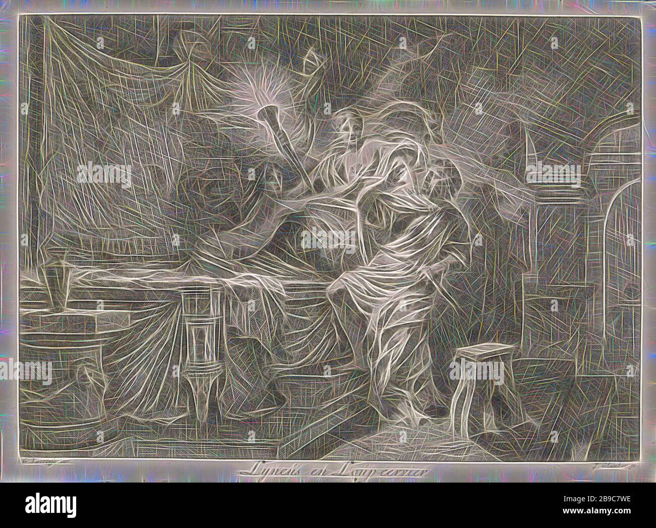 Ceres empêche le meurtre de Triptolemus Lyncus et loup-cervier (titre sur l'objet), bibliques et mythologiques représentations allégoriques (titre de la série), dans la nuit le roi Lynkos de Skythia tente le jeune Triptolemus dans son sommeil pour le tuer. Ceres empêche ce et par la suite se transforme en une Lynkos lynx. Dans l'arrière-plan les trois dragons de Triptolemus. L'impression est partie d'une série avec mythologique, biblique et représentations allégoriques., Lyncus changé en un lynx : changements dans un Lyncus Ceres lynx quand il est sur le point d'avoir assassiné l'Triptolemus couchage (Ovide, Métamorphoses V 65 Banque D'Images