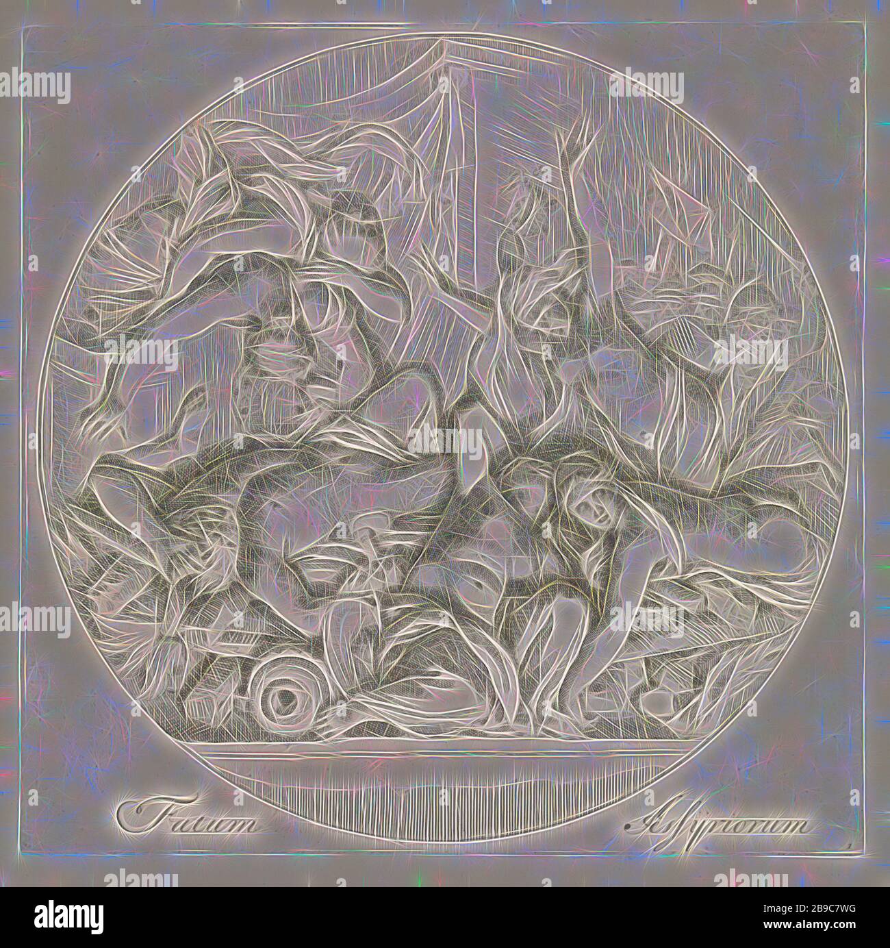 La Mort de Sardanapale Fatum (Assijriorum titre sur l'objet) chute des empires universels dans l'antiquité classique (titre de la série), Round show. Le roi assyrien Sardanapale met le feu à son palais après la défaite des Mèdes son armée à Ninive. Il chasse sa cour pour la lame. L'impression est basée sur la perte d'un bas-relief par Gerard De Lairesse et fait partie d'une série de quatre sur la disparition d'empires mondiaux. dans l'antiquité classique, La Mort de Sardanapale : avant de graver lui-même dans son palais avec tous ses trésors, il a son harem et ses chevaux tués, Johannes Glauber, 1684 - 1726, le papier, gravure, h 309 mm Banque D'Images