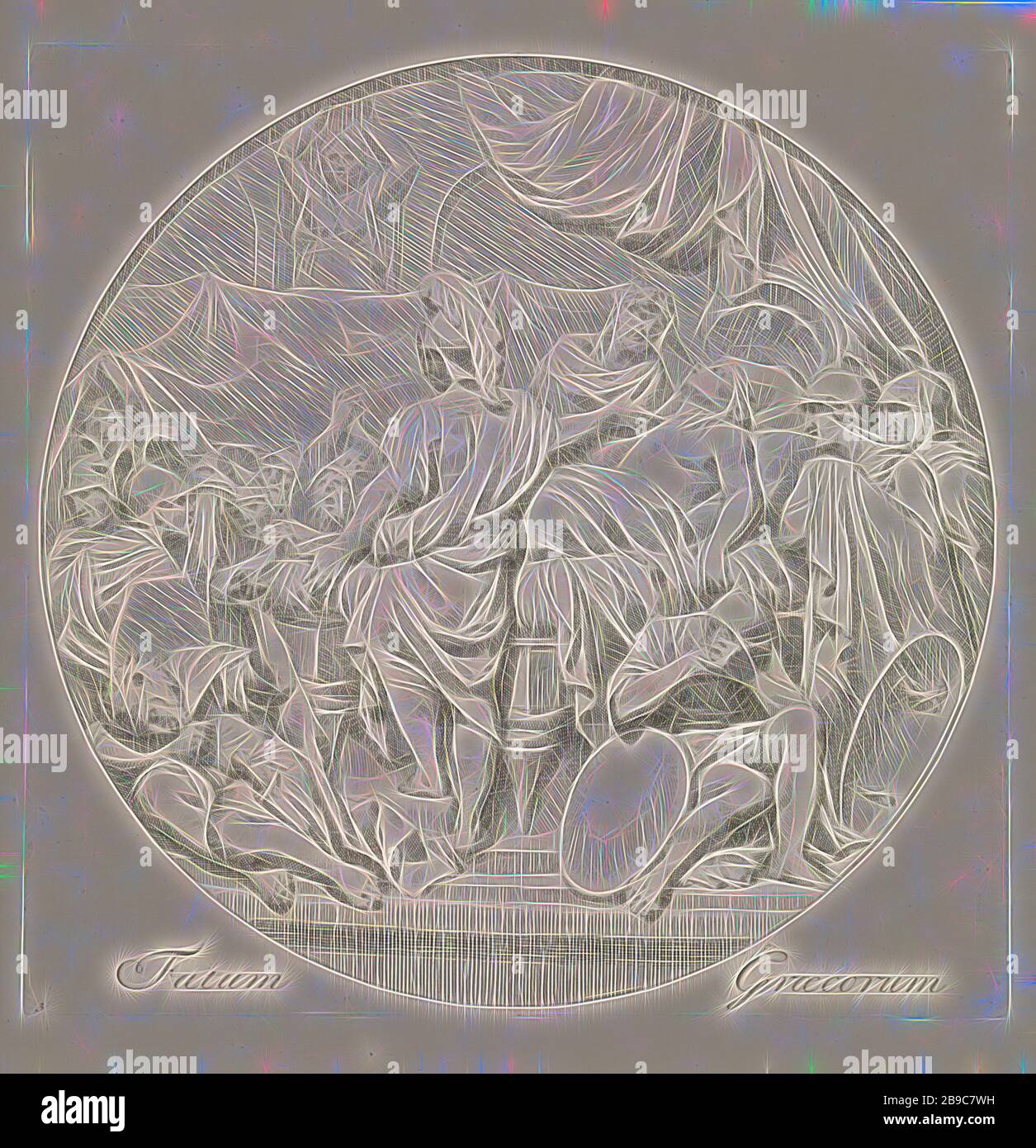 Mort d'Alexandre le Grand Fatum Graecorum la chute des empires du monde dans l'antiquité classique (titre de la série), série ronde. Alexandre le Grand sur son lit de mort, entouré de ses soldats pleurant sa mort. L'imprimé est basé sur un bas-relief perdu par Gérard de Lairesse et fait partie d'une série en quatre parties sur la disparition des empires du monde dans l'antiquité classique., mort d'Alexandre: Alexandre sur son lit de mort, Johannes Glauber, 1684 - 1726, papier, gravure, h 308 mm × W 313 mm, repensé par Gibon, conception de gai gai chaud de luminosité et de rayons de lumière radiance. L'art classique réinventé avec un moder Banque D'Images