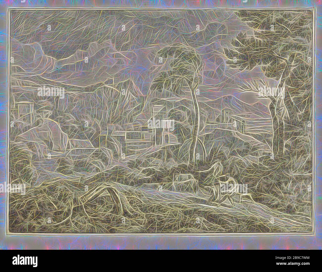 Trois bergers dans une tempête, dans une tempête trois bergers conduisent leur bétail à la ville. A côté de la route un arbre divisé par la foudre., tempête, herding, herdsman, herdswoman, berger, bergers, lâches, etc., paysages, Johannes Gottlieb Glauber (mentionné sur l'objet), 1666 - 1703, papier, gravure, h 292 mm × W 394 mm, réimaginé par Gibon, conception de rayons de lumière et de gaie. L'art classique réinventé avec une touche moderne. La photographie inspirée du futurisme, qui embrasse l'énergie dynamique de la technologie moderne, du mouvement, de la vitesse et révolutionne la culture. Banque D'Images