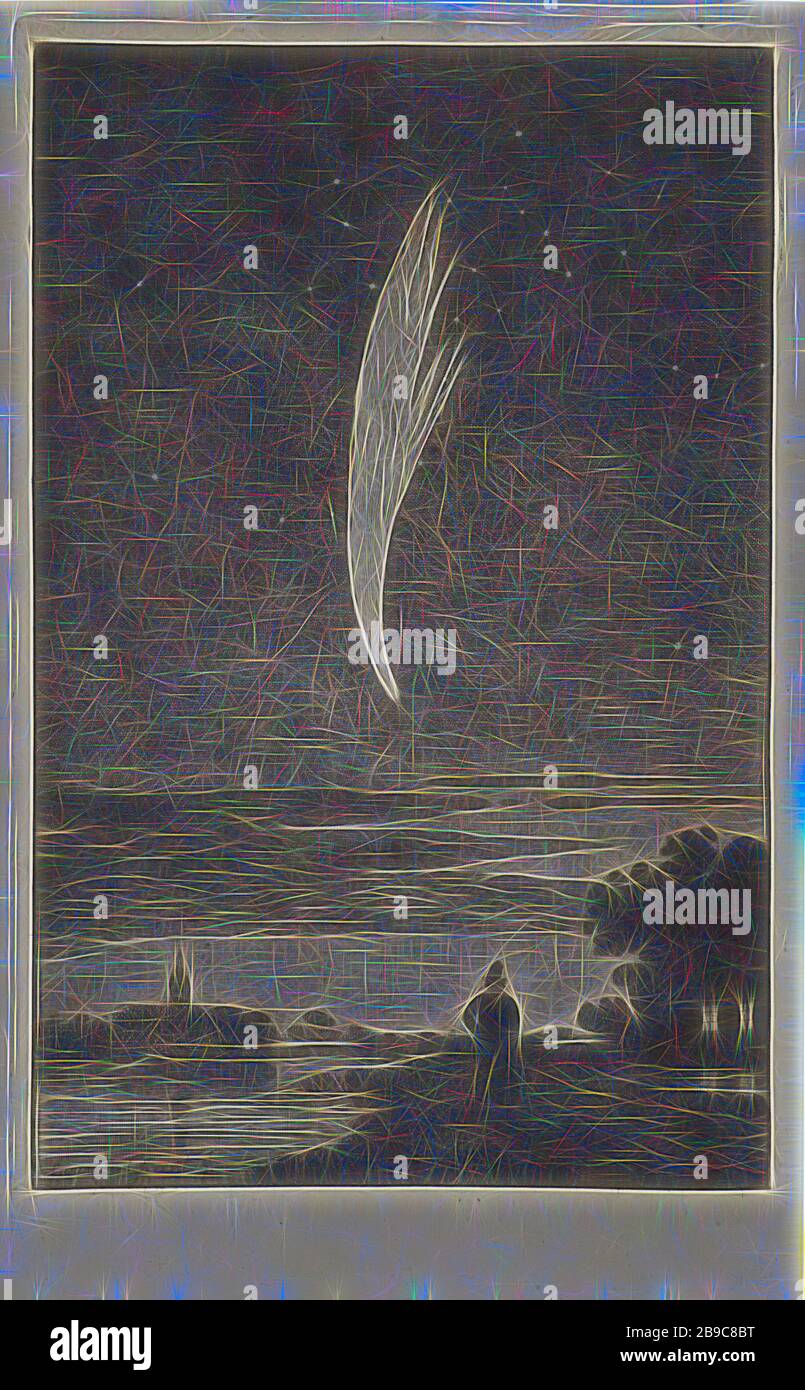 Le Comet de Donati, 1858, 10 octobre 1858. Au premier plan, un homme avec un chien près d'une rivière. En arrière-plan sur la gauche une tour d'église, comet, rivière (paysage avec figures, étalage), Cornelis van der Grient (mentionné sur l'objet), 1858 - 1860, papier, gravure, h 240 mm × W 147 mm, repensé par Gibon, conception de glanissement chaleureux et gai de lumière radiance. L'art classique réinventé avec une touche moderne. La photographie inspirée du futurisme, qui embrasse l'énergie dynamique de la technologie moderne, du mouvement, de la vitesse et révolutionne la culture. Banque D'Images