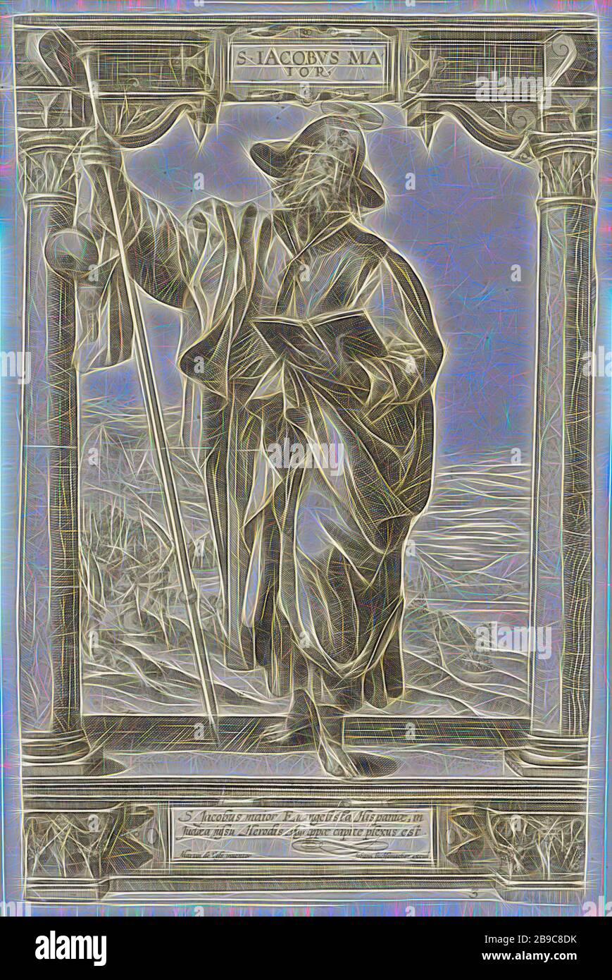 Saint Jacques le Majeur S. Iacobvs Maior (titre sur l'objet) Le Christ et les douze apôtres, et Saint Paul (titre de la série), Saint Jacques le Majeur se tient entre deux colonnes dans un cadre architectural. Dans une main il tient un livre ouvert, dans l'autre son personnel pèlerin. Dans l'arrière-plan, il est décapité par des soldats. Dans la case ci-dessous une description de deux lignes en latin, l'apôtre Jacques le Majeur, attributs possibles : livre du pèlerin, cape, chapeau, shell, personnel, et votre portefeuille, défilement, épée, colonne, pilier, l'architecture, décapitation de James, Hieronymus Wierix, Keulen, 1580 - 1613, papier, gravure, h 333 mm × w Banque D'Images