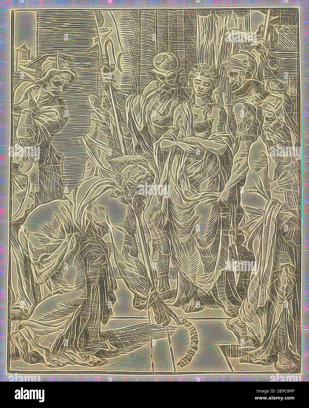 Christ et la femme adultère, plusieurs pharisiens apportent au temple UNE femme prise dans l'adultère avec Christ. Les Pharisiens demandent ce que Christ pense de la loi de Moïse affirmant que de telles femmes doivent être lapidées. Christ écrit avec son doigt sur le sol et dit ensuite que celui qui est sans péché devrait jeter la première pierre., les pharisiens apportent une femme accusée ou adultère devant Christ (Jean 8: 2-11), le Christ pointe ou écrit sur le terrain, Dirck Volckertsz. Coornhert, Pays-Bas, ch. 1548, papier, h 236 mm × W 190 mm, repensé par Gibon, design de gai gai chaud de luminosité et de lig Banque D'Images
