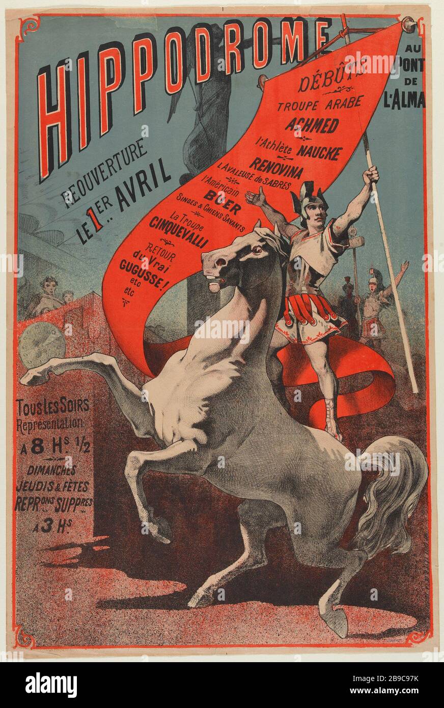 HIPPODROME, RÉOUVERTURE DU 1 ER AVRIL MOD. ANONYME ORANGE. 'Hippodrome, Réouverture le 1 er avril (modèle orange)'. Lithographie, 1880-1900. Paris, musée Carnavalet. Banque D'Images