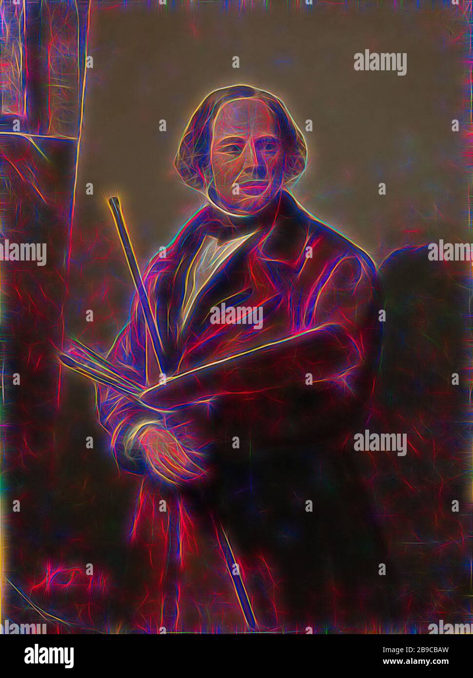 Jan Willem Pieneman, peintre, Père de Nicolaas Pieneman, Portrait de Jan Willem Pieneman (1779-1853), peintre et père de Nicolaas Pieneman. Pièce de hanche, debout avec palette, pinceaux et canne entre les mains., Nicolaas Pieneman, 1860, toile, peinture à l'huile (peinture), h 140 cm × W 104,6 cm × t 4,2 cm d 12,7 cm W 34 kg, repensée par Gibon, design de glawing chaud et gai de luminosité et rayons de lumière. L'art classique réinventé avec une touche moderne. La photographie inspirée du futurisme, qui embrasse l'énergie dynamique de la technologie moderne, du mouvement, de la vitesse et révolutionne la culture. Banque D'Images