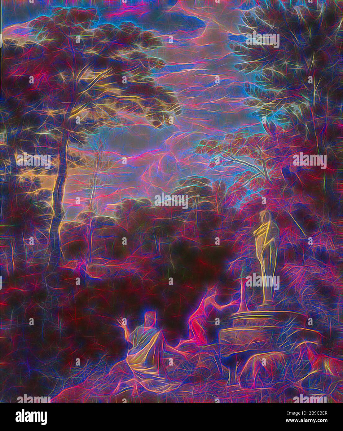 Paysage Arcadien, paysage Arcadien avec deux figures s'agenouillant dans le culte à une statue d'un homme avec un club sur un autel dans la forêt. Sur la droite un troupeau de chèvres., Johannes Glauber, 1680 - 1726, toile, peinture à l'huile (peinture), h 180 cm × W 156 cm d 5.7 cm, repensée par Gibon, design de glanissement chaleureux et gai de luminosité et rayons de lumière radiance. L'art classique réinventé avec une touche moderne. La photographie inspirée du futurisme, qui embrasse l'énergie dynamique de la technologie moderne, du mouvement, de la vitesse et révolutionne la culture. Banque D'Images