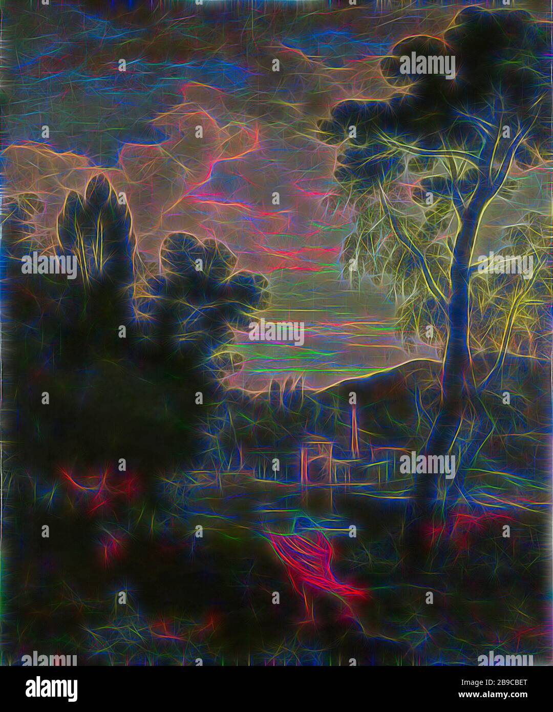 Paysage Arcadien avec Jupiter et IO, Paysage Arcadien avec Jupiter et IO. En arrière-plan, un temple et un obélisque près d'une rivière. Sur la droite un seul grand arbre., Johannes Glauber, 1680 - 1726, toile, peinture à l'huile (peinture), h 160 cm × W 131,7 cm × t 4,2 cm d 5,8 cm, repensé par Gibon, design de glanissement chaleureux et gai de la luminosité et des rayons de lumière radiance. L'art classique réinventé avec une touche moderne. La photographie inspirée du futurisme, qui embrasse l'énergie dynamique de la technologie moderne, du mouvement, de la vitesse et révolutionne la culture. Banque D'Images