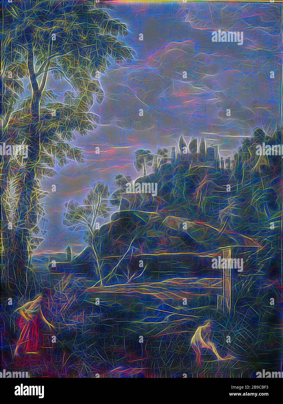 Paysage Arcadien avec Salmacis et Hermaphrodite, paysage Arcadien dans lequel la nymphe source Salmacis épie sur Hermaphrodite pendant le bain. Sur la droite, une colline avec une ruine sur le dessus, Hermaphrodite et Salmacis se transforme en hermaphrodite: À la prière de la fontaine-nymphe Salmacis, qui tient le bain Hermaphrodite étroitement embrassé, leur corps fusible (Ovid, Metamorphoses IV 373), Johannes Glauber, 1680 - 1726, toile, peinture à l'huile (peinture), h 123,2 cm × l 93,2 cm × t 3,5 cm d 5,7 cm, repensé par Gibon, design de brillant chaleureux de luminosité et de rayonnement de rayons lumineux. Art classique r Banque D'Images