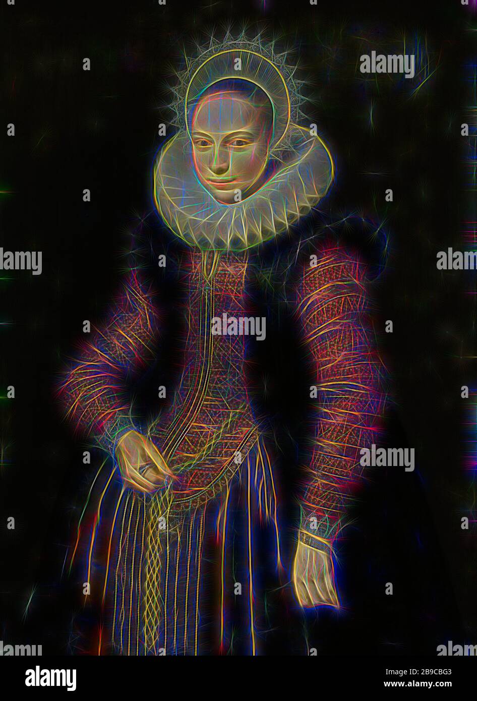 Portrait de Brechtje Overrijn van Schoterbosch, Portrait de Brechtje van Schoterbosch (1592-1618). Épouse de Dirck Hasselaer. Genou, debout, collier avec pendentif dans la main droite., Cornelis van der Voort, 1614, panneau, peinture à l'huile (peinture), support: h 114,3 cm × W 82,9 cm d 7,5 cm, réinventé par Gibon, design de glanissement chaud et gai de la luminosité et des rayons de lumière radiance. L'art classique réinventé avec une touche moderne. La photographie inspirée du futurisme, qui embrasse l'énergie dynamique de la technologie moderne, du mouvement, de la vitesse et révolutionne la culture. Banque D'Images