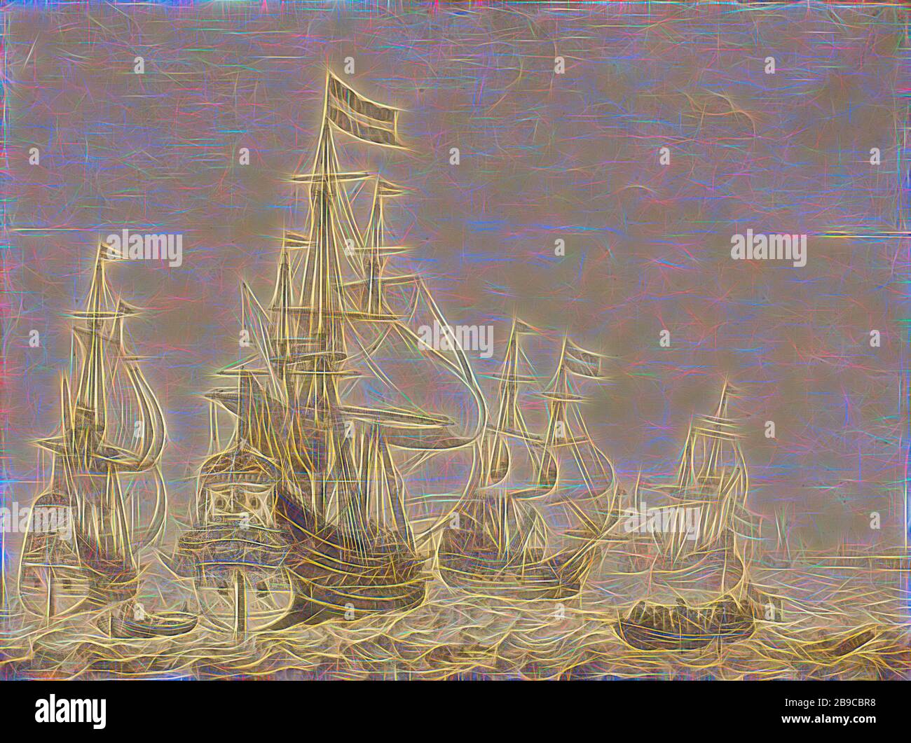 Seascape avec les Hollandais Men-of-War y compris le ' Drenthe 'et le' Prince Frederick-Henry '', Seascape avec quelques navires de guerre hollandais, y compris le Drenthe et le Prince Frederick Hendrick, une boucle sur la droite avec les marins, Drenthe (navire), Prins Frederik Hendrik (navire), Willem van de Velde (I), 1630, 1670 panneau h 70 cm × l 90 cm d 6 cm, repensé par Gibon, design de brillant chaleureux et gai de luminosité et de rayonnement de rayons lumineux. L'art classique réinventé avec une touche moderne. La photographie inspirée du futurisme, qui embrasse l'énergie dynamique de la technologie moderne, du mouvement, de la vitesse et révolutionne le culte Banque D'Images