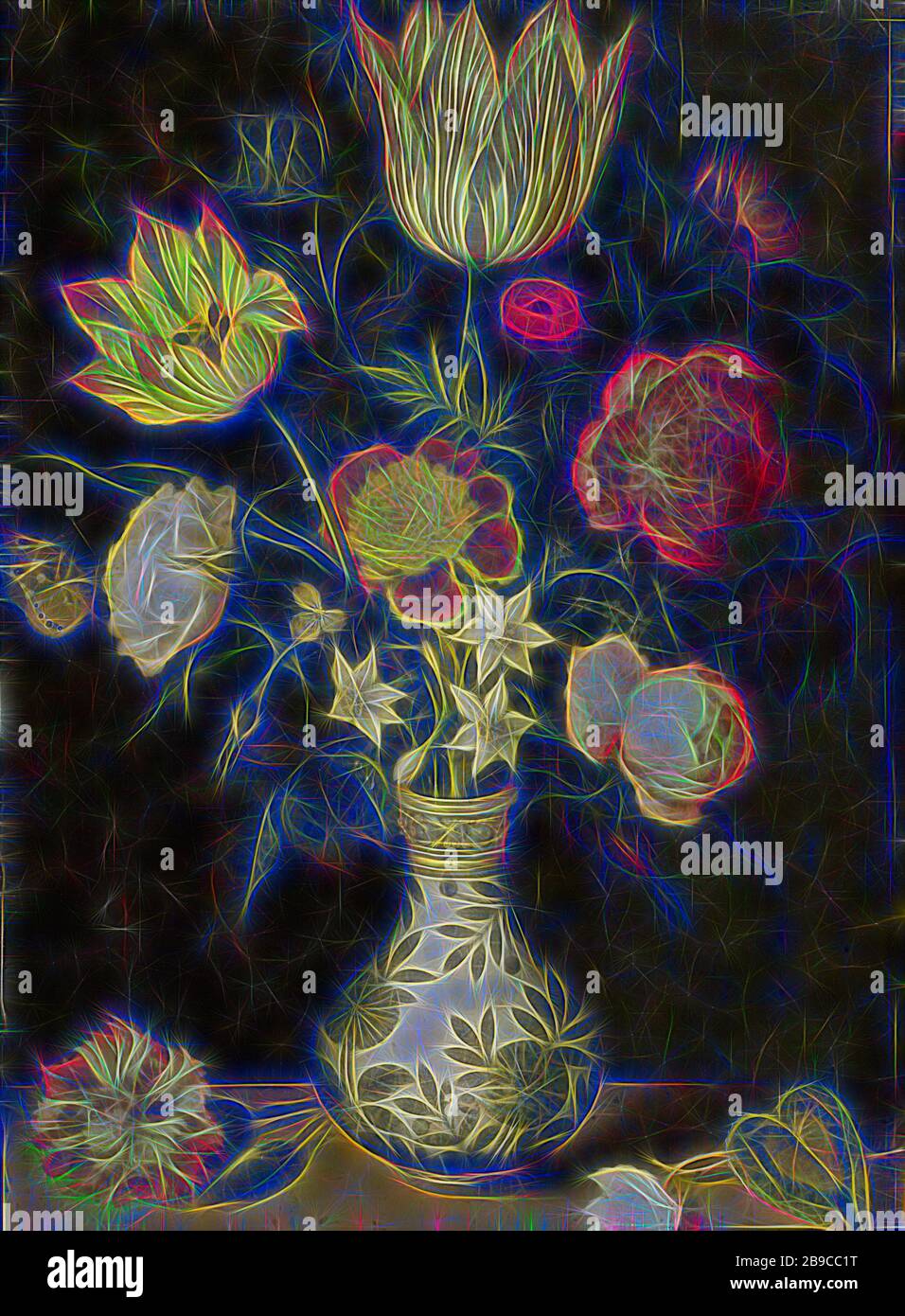 Still Life with Flowers in a WAN Li vase, encore vie avec des fleurs dans un vase WAN Li. Bouquet avec tulipes, roses et jonquilles dans un vase. Sur le plinthe en pierre une carnation et un cyclamen, fleurs dans un vase, fleurs: Rose, fleurs: tulipe, fleurs: narcisse, fleurs: carnation, récipient ou céramique: Pot, pichet, pot, vase, Ambrosius Bosschaert, 1619, cuivre (métal), peinture à l'huile (peinture), soutien: h 31 cm × l 22,5 cm, repensé par Gibon, design de glanissement chaleureux et joyeux de la luminosité et des rayons de lumière radiance. L'art classique réinventé avec une touche moderne. La photographie inspirée du futurisme, embrassant la dynamique e Banque D'Images