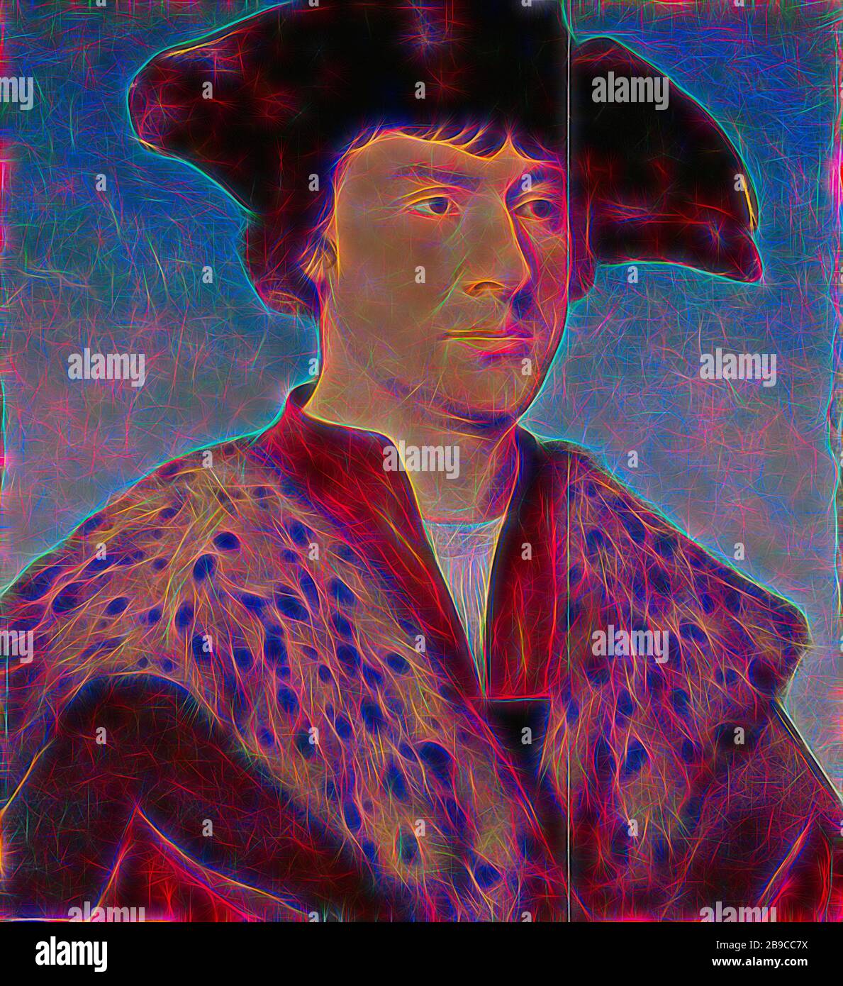 Portrait d'un homme, Portrait d'un homme dans un manteau avec un col en fourrure, avec un chapeau noir sur la tête., Joos van Couve (atelier de), c. 1520 - c. 1530, panneau, peinture à l'huile (peinture), support: h 45,7 cm × W 43,4 cm perspicacité: h 44,9 cm × W 40,8 cm cadre: h 57 cm × W 52,2 cm, repensé par Gibon, design de glanissement chaud et gai de la luminosité et des rayons de lumière radiance. L'art classique réinventé avec une touche moderne. La photographie inspirée du futurisme, qui embrasse l'énergie dynamique de la technologie moderne, du mouvement, de la vitesse et révolutionne la culture. Banque D'Images
