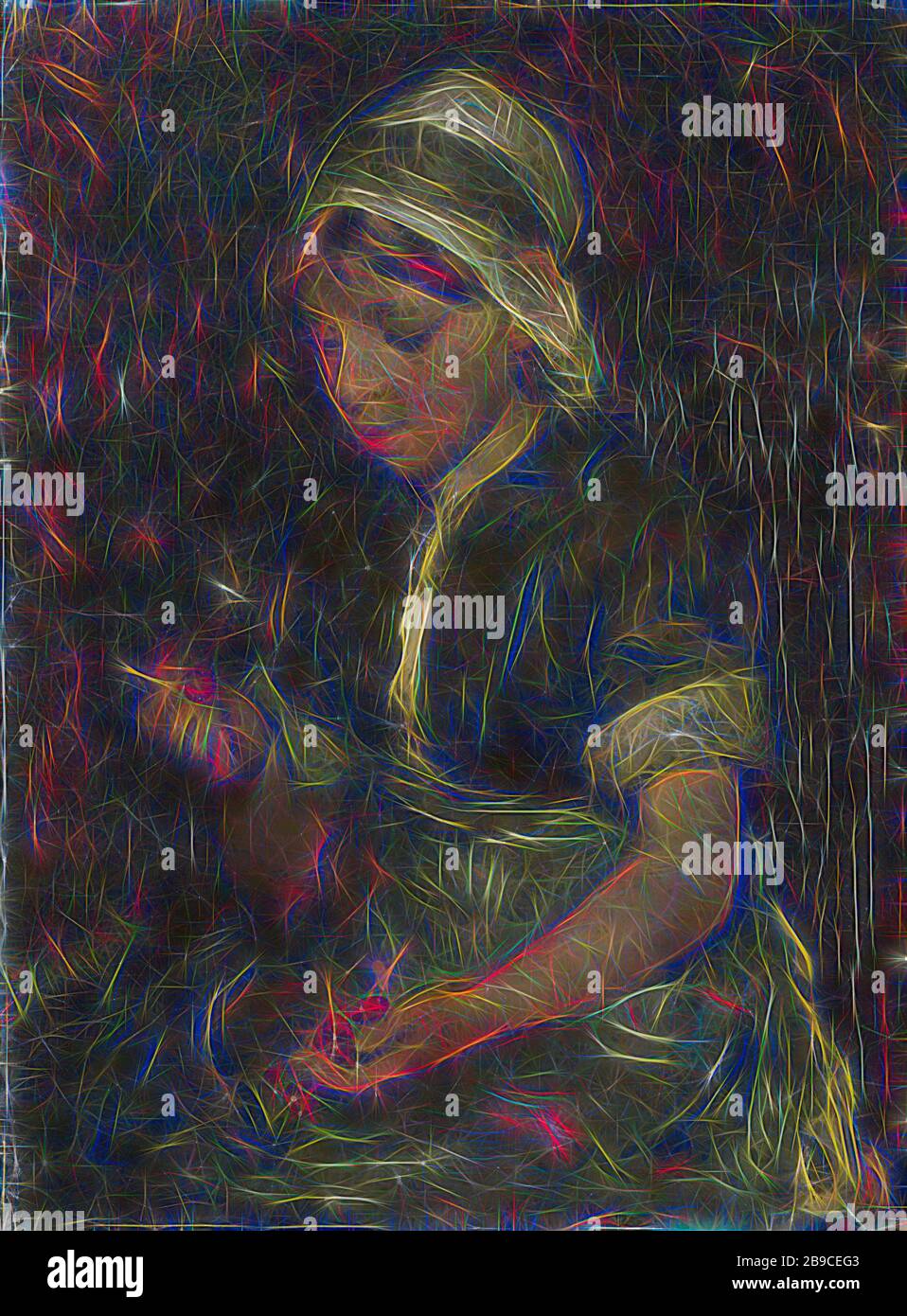 Fille avec Cherries, fille assise avec cerises entre ses mains, Bernardus Johannes Blommers, c. 1860 - c. 1914, panneau, peinture à l'huile (peinture), h 31 cm × W 22,5 cm t 4,5 cm, repensé par Gibon, design de glanissement chaleureux et gai de la luminosité et des rayons de lumière radiance. L'art classique réinventé avec une touche moderne. La photographie inspirée du futurisme, qui embrasse l'énergie dynamique de la technologie moderne, du mouvement, de la vitesse et révolutionne la culture. Banque D'Images