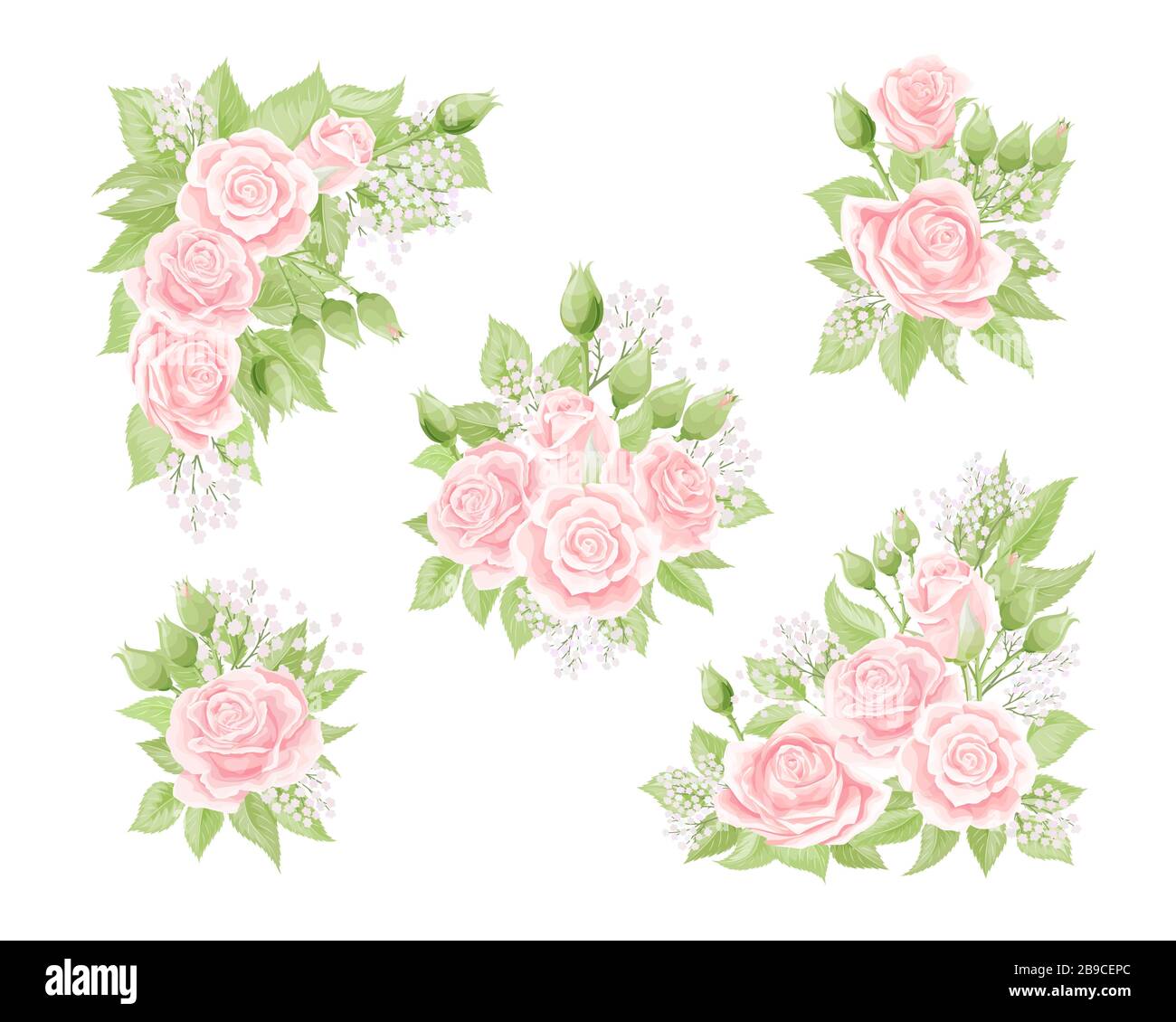Bouquets de fleurs roses crème avec feuilles vertes isolées Illustration de Vecteur