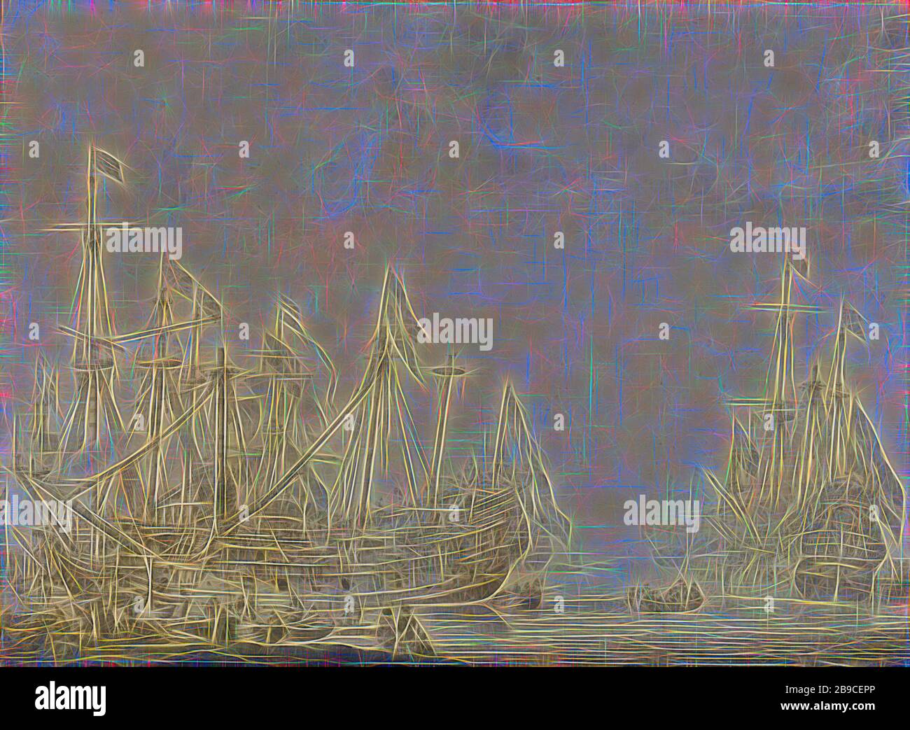 Navires après la bataille, navires après la bataille. Les navires de guerre néerlandais malmenés et un navire anglais capturé sont calqués dans un port. Sur la gauche le Brederode, sans galléon, sur la droite l'Amalia, voilier, voilier, marine, Helleevetsluis, Willem van de Velde (I) (mentionné à l'objet), 1630 - 1672, toile, encre, h 84,1 cm W 114,5 cm t 3,5 cm d 8,7 cm, repensé par Gibon, conception d'un brillant chaleureux et joyeux de la luminosité et des rayons de lumière radiance. L'art classique réinventé avec une touche moderne. La photographie inspirée du futurisme, embrassant l'énergie dynamique de la technologie moderne, du mouvement, de la vitesse et de la révolte Banque D'Images