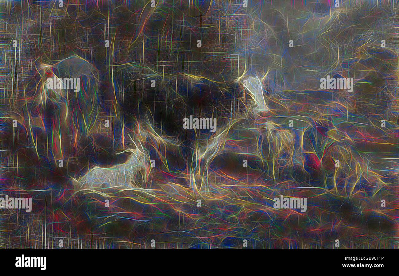 Ferme avec bétail, ferme avec bétail. Au milieu se trouve une vache, à côté d'elle est une chèvre blanche. Sur la gauche, l'épouse d'un agriculteur à côté d'un cheval, sur la droite, un homme traite des moutons, ferme (bâtiment), bétail, Eugène Fromentin-Dupeux (mentionné sur l'objet), 1849, toile, panneau, peinture à l'huile (peinture), h 31,4 cm × W 49,2 cm × t 4,0 cm d 9,2 cm, réinventée par Gibon, conception d'un brillant chaleureux et joyeux de la luminosité et des rayons de lumière radiance. L'art classique réinventé avec une touche moderne. La photographie inspirée du futurisme, qui embrasse l'énergie dynamique de la technologie moderne, du mouvement, de la vitesse et révolutionne la culture. Banque D'Images