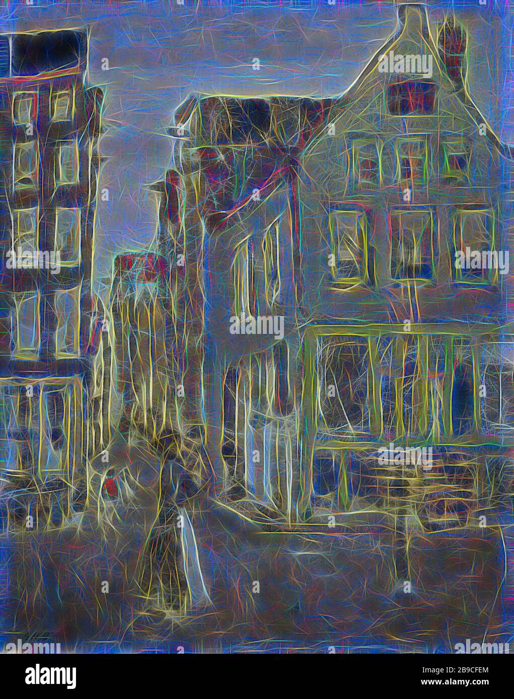 De Lauriergracht à la Tweede Lauriernainstraat, de Lauriergracht à la Tweede Lauriernainstraat. A l'intersection des deux rues, une femme marche avec un enfant sur son bras, rue (paysage urbain avec figures, staffage), Lauriergracht, Tweede Lauriernainstraat, George Hendrik Breitner (mentionné sur l'objet), Amsterdam, 1917 - 1918, panneau, peinture à l'huile (peinture), h 41 cm × W 32,5 cm, repensé par Gibon, conception d'un brillant chaleureux et joyeux de la luminosité et des rayons de lumière radiance. L'art classique réinventé avec une touche moderne. La photographie inspirée du futurisme, qui embrasse l'énergie dynamique de la technologie moderne, Banque D'Images