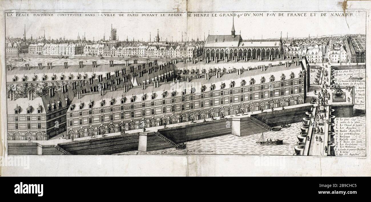 Place Dauphine construite dans la ville de Paris sous le règne d'Henry le Grand Claude Chastillon (1559-1616). 'La place Dauphine construit dans la ville de Paris durant le règne d'Henri le Grand'. Paris, musée Carnavalet. Banque D'Images
