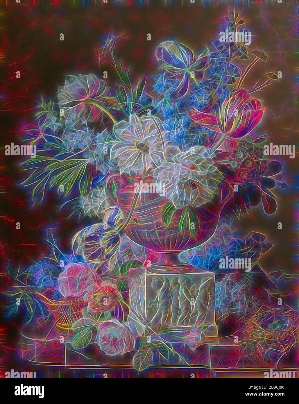 Encore des fleurs et la vie avec un vase d'albâtre, un bouquet de fleurs dans un vase d'albâtre oriental, placé sur un bloc de marbre sur lequel les enfants sont représentés en bas-relief. Ce bloc de marbre a été placé sur une balustrade de granit. Sur la droite un nid recouverts de mousse avec cinq œufs verts, sur la gauche un panier de fleurs. La sélection de fleurs comprend de grandes et plus petites pivoines rose blanche, delphinium bleu, mauve et jaune-violet flammé tulipes. Ici et là vous pouvez voir des insectes (une mouche, une abeille et un bourdon), fleurs dans un vase, fleurs, fleurs coupées, nosegay, bouquet de fleurs, d'insectes, d'oiseaux Banque D'Images