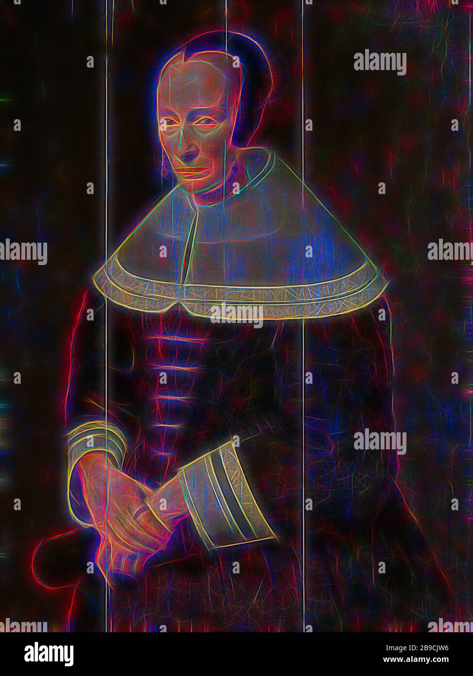 Portrait d'une femme, Portrait d'une femme de 60 ans. Debout, demi-longueur, avec les mains sur l'estomac., Godaert Kamper, 1656, panneau, peinture à l'huile (peinture), h 89 cm × W 69 cm d 6 cm, repensé par Gibon, design de glanissement chaud et gai de luminosité et de rayons de lumière radiance. L'art classique réinventé avec une touche moderne. La photographie inspirée du futurisme, qui embrasse l'énergie dynamique de la technologie moderne, du mouvement, de la vitesse et révolutionne la culture. Banque D'Images