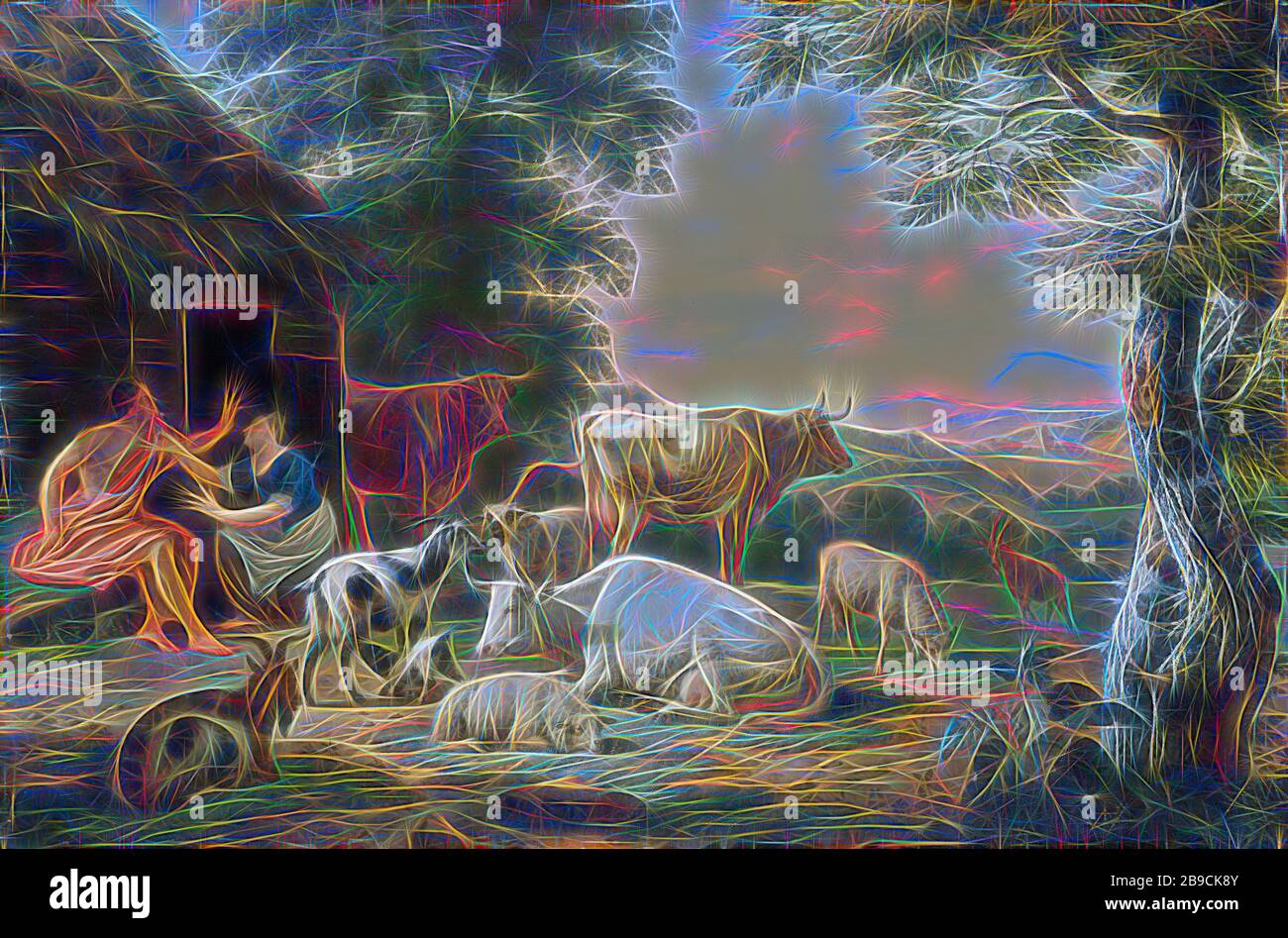 Paysage Arcadien avec les bergers et les bovins, paysage Arcadien avec les bergers et le bétail. Dans une ferme, une femme pétrir tient une fleur devant un berger assis. Sur les vaches, les moutons et les chèvres de droite. Sur la droite un paysage vallonné., Jan van Gool, 1710 - 1763, panneau, peinture à l'huile (peinture), h 42,5 cm × W 63 cm d 10 cm, repensé par Gibon, design de gaie chaleureuse de luminosité et de rayons de lumière radiance. L'art classique réinventé avec une touche moderne. La photographie inspirée du futurisme, qui embrasse l'énergie dynamique de la technologie moderne, du mouvement, de la vitesse et révolutionne la culture. Banque D'Images