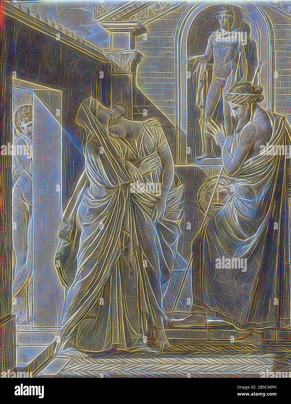 Le Père de Psyche Consulting l'Oracle d'Apollon, le baron François-Pascal-Simon Gérard (français, né en Italie, 1770 - 1837), vers 1796, encre plume et marron et grise, lavage gris et brun, gouache blanc, Et sous-dessin de craie noire, 18,9 x 14,6 cm (7 7,16 x 5 3,4 po, repensé par Gibon, design de gai gai chaud de luminosité et de rayons de lumière radiance. L'art classique réinventé avec une touche moderne. La photographie inspirée du futurisme, qui embrasse l'énergie dynamique de la technologie moderne, du mouvement, de la vitesse et révolutionne la culture. Banque D'Images