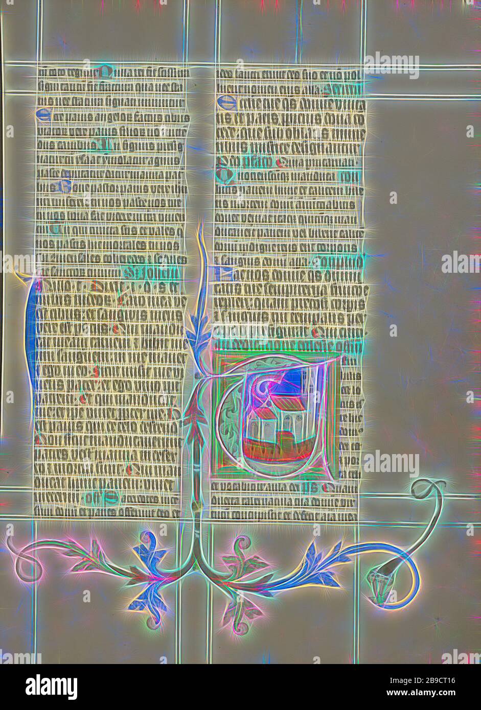 Initiale T: Une Eglise, Maître Michael (autrichien, actif vers 1420 jusqu'au milieu du XVe siècle), Vienne, Autriche, vers 1420 - 1430, couleurs de Tempera, feuille d'or, et encre sur parchemin, feuille: 41,9 x 31 cm (16 1,2 x 12 3,16 po, repensé par Gibon, design de gaie chaleureuse de luminosité et de rayonnement de rayons lumineux. L'art classique réinventé avec une touche moderne. La photographie inspirée du futurisme, qui embrasse l'énergie dynamique de la technologie moderne, du mouvement, de la vitesse et révolutionne la culture. Banque D'Images