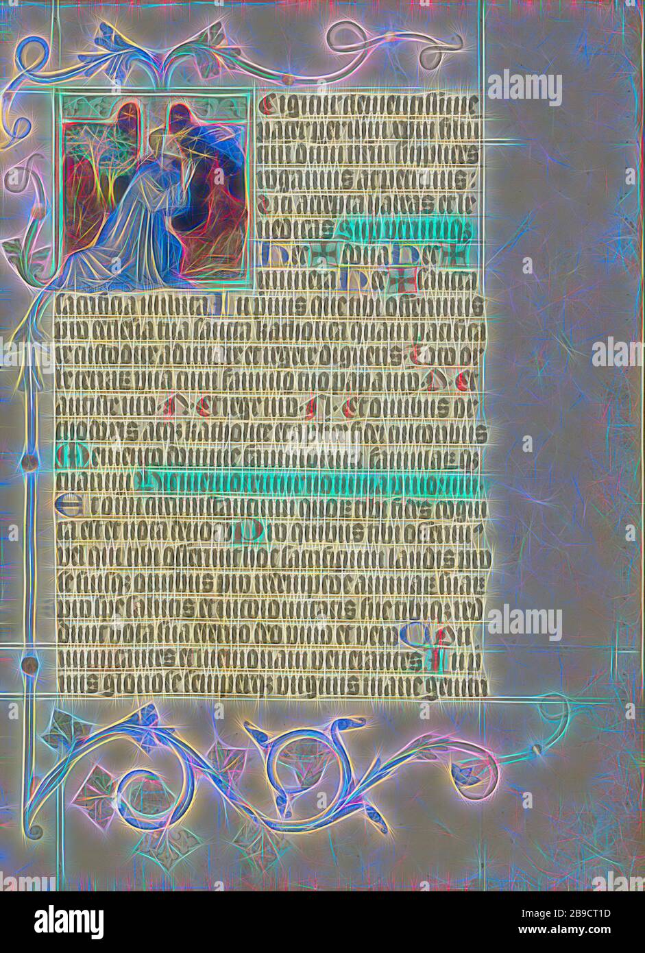 Initiale T: L'Agony dans le jardin, Maître Michael (autrichien, actif environ 1420 jusqu'au milieu du XVe siècle), Vienne, Autriche, environ 1420 - 1430, couleurs de Tempera, feuille d'or, et encre sur parchemin, feuille: 41,9 x 31 cm (16 1,2 x 12 3,16 po, repensé par Gibon, design de gaie chaleureuse de luminosité et de rayonnement de rayons lumineux. L'art classique réinventé avec une touche moderne. La photographie inspirée du futurisme, qui embrasse l'énergie dynamique de la technologie moderne, du mouvement, de la vitesse et révolutionne la culture. Banque D'Images