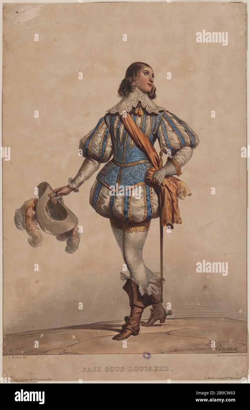 Costumes historiques : page Louis XIII Achille Devéria (1800-1857), auteur français, et Rose Joseph Lemercier (1803-1887), imprimeur-lithographe français. Costumes historiques : Page sous Louis XIII. Lithographie collégiée et gommée sur papier, 1831. Paris, musée Carnavalet. Banque D'Images