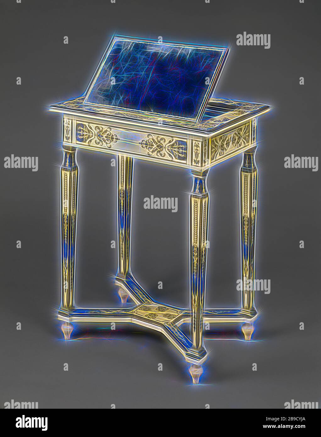 Table de lecture et d'écriture, Paris, France, vers 1670 - 1675, chêne avec ivoire, corne peinte en bleu, ébène, bois de rose, Et amarante, avec tiroir en noyer, moulures en bronze doré, laiton, fer, velours moderne, 63,5 x 48,5 x 35,5 cm (25 x 19 1,8 x 14 po, repensée par Gibon, design de brillant gai chaud de luminosité et de rayonnement de lumière. L'art classique réinventé avec une touche moderne. La photographie inspirée du futurisme, qui embrasse l'énergie dynamique de la technologie moderne, du mouvement, de la vitesse et révolutionne la culture. Banque D'Images