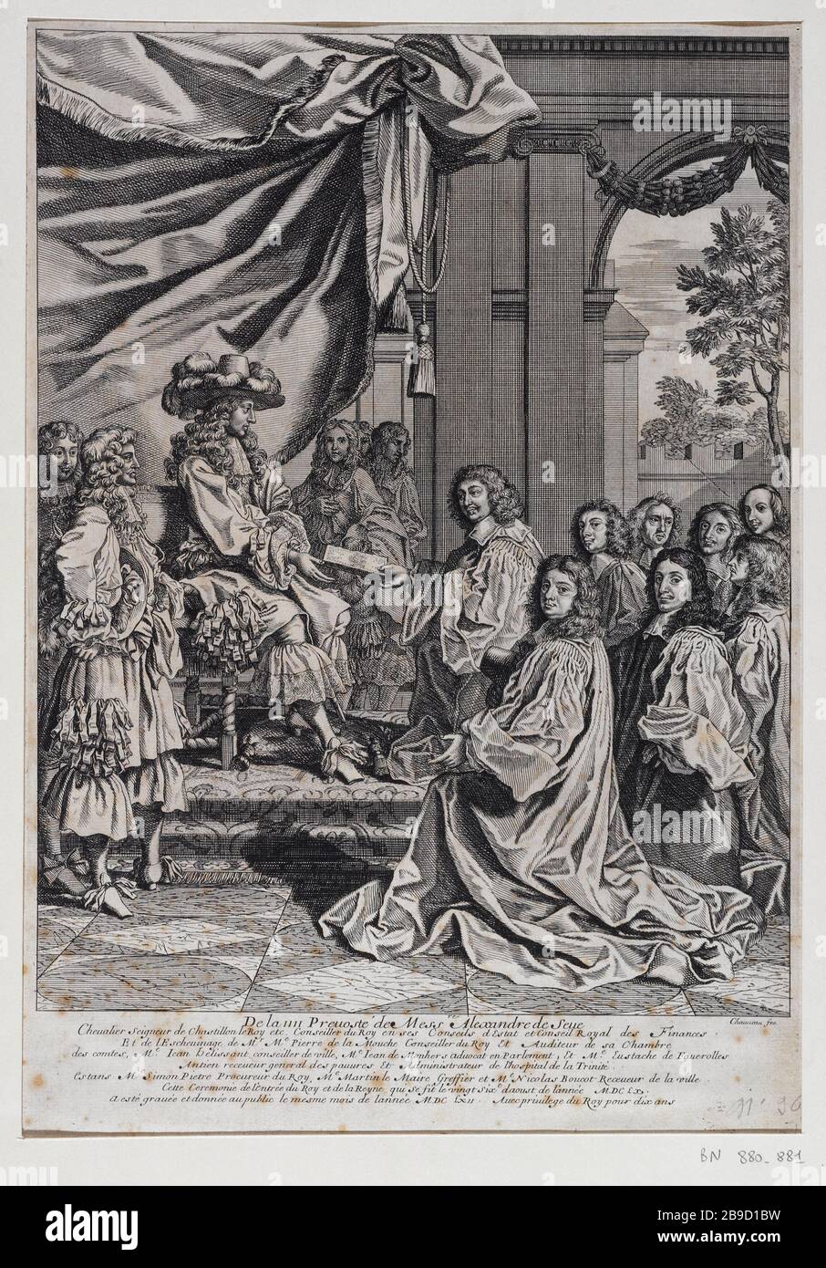 SANS TITRE : CONSEIL D'ADMINISTRATION POUR L'ENTRÉE TRIOMPHANTE DE LEURS MAJESTÉS LOUIS XIV ET MARIE-THÉRÈSE D'AUTRICHE DANS LA VILLE DE PARIS FRANÇOIS CHAUVEAU (1613-1676). Sans titre : plan pour l'entrée triomphante de murs majestés Louis XIV et de Marie-Thérèse d'Autriche dans la ville de Paris (26 août 1660). Gravure, 1662. Paris, musée Carnavalet. Banque D'Images